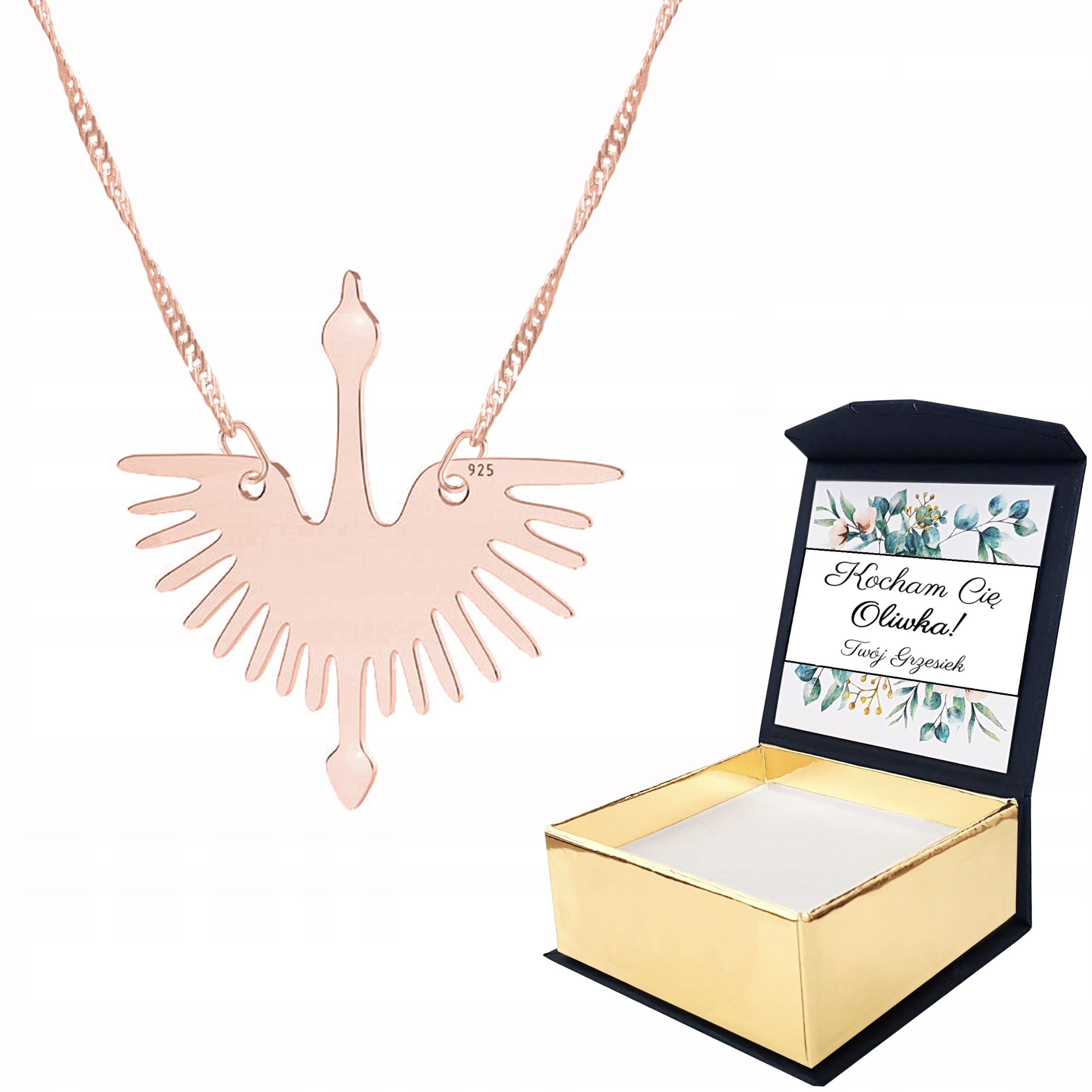 Náhrdelník růžové zlato Jeřáb Pták Vlastní Potisk