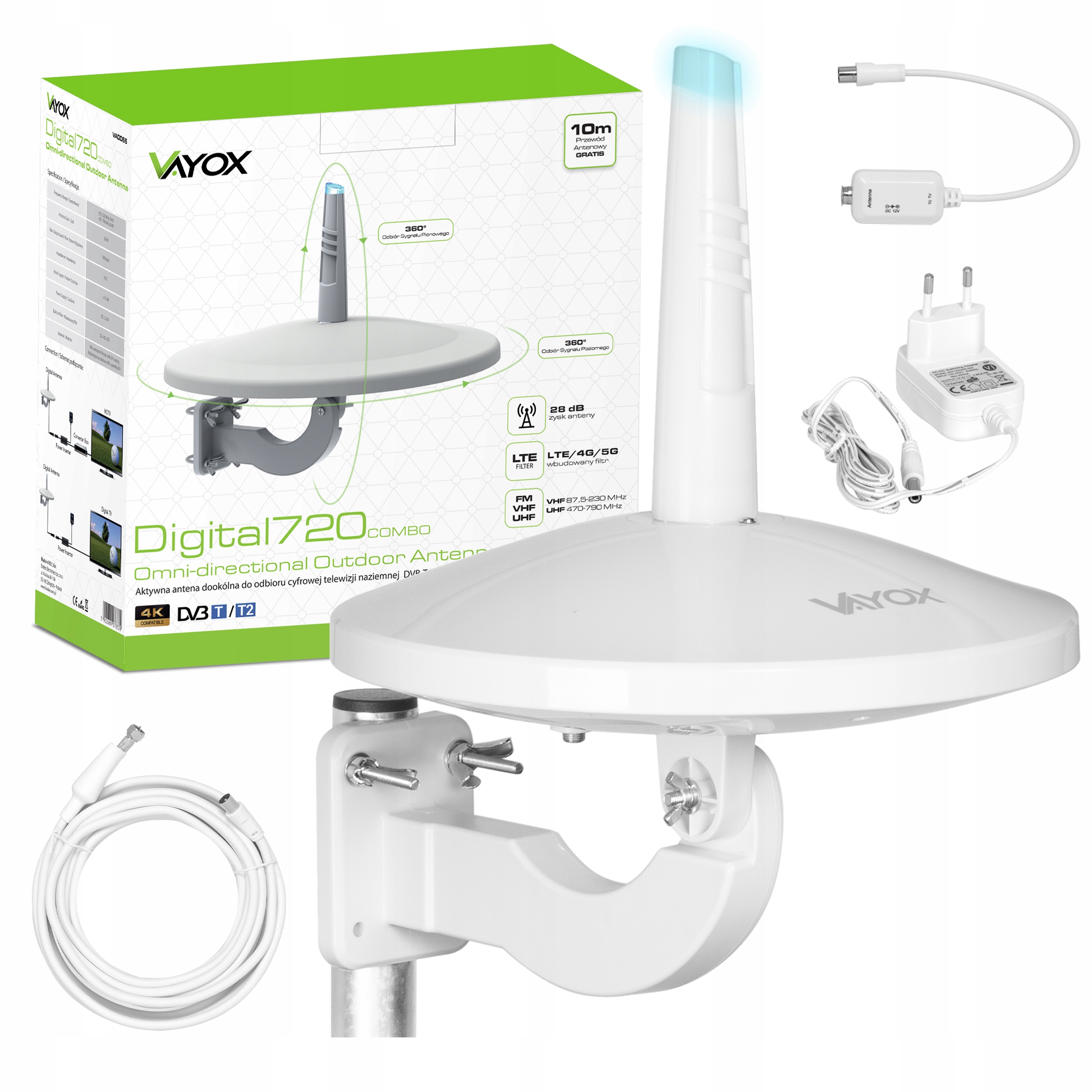 Anténa digitální pozemní televize DVBT2 všesměrová 28dB 4K Lte venkovní