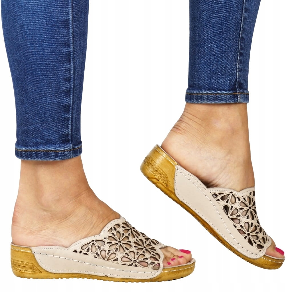 Dámské Nazouváky Na Klínku S Ažurovou Platformou, Vyřezávané Do Šedé Béžové Barvy