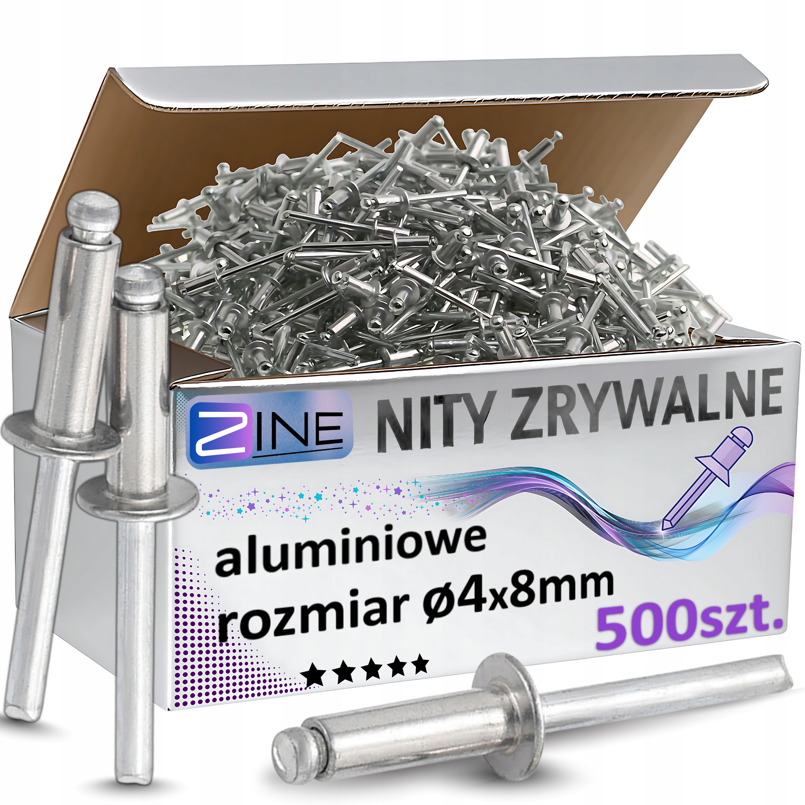 Nity Zrywalne Aluminiowe 4x8mm Odporne na Rdzę Zestaw Nitów Zine 500szt