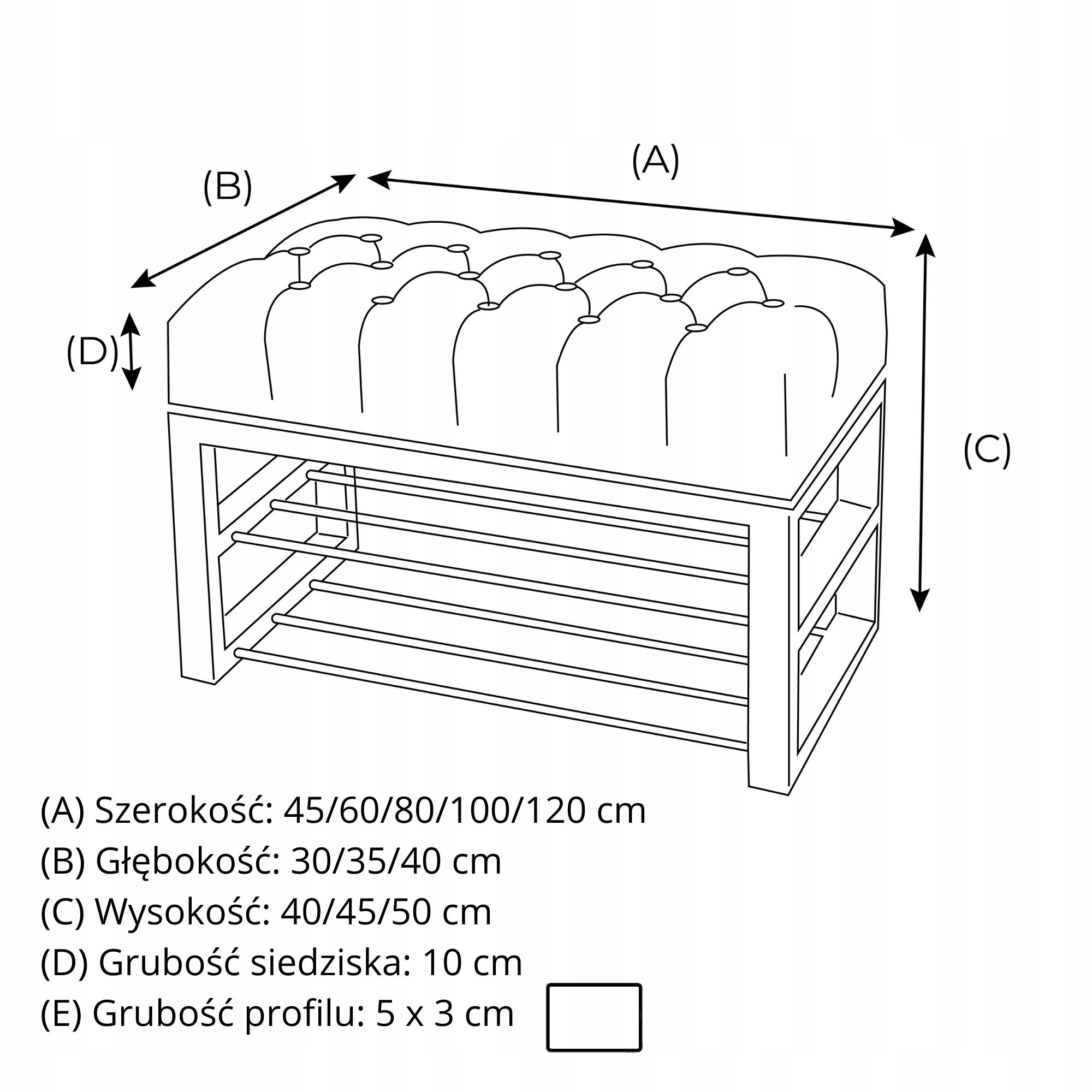 Ławka Industrialna Pikowana Przedpokój loft 120 cm Wysokość mebla 45 cm