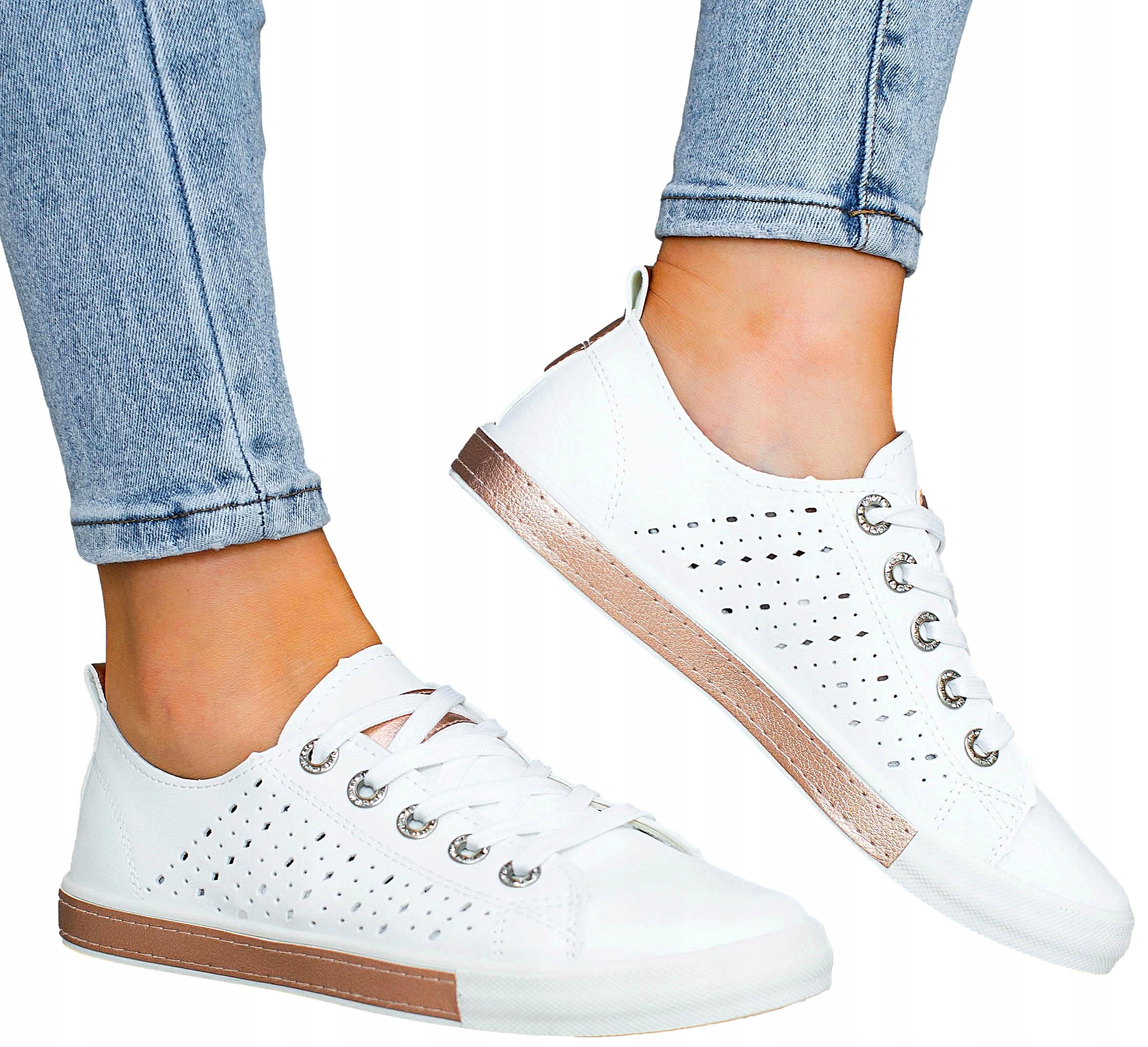 

Biało-Miedziane trampki tenisówki damskie ażur 38