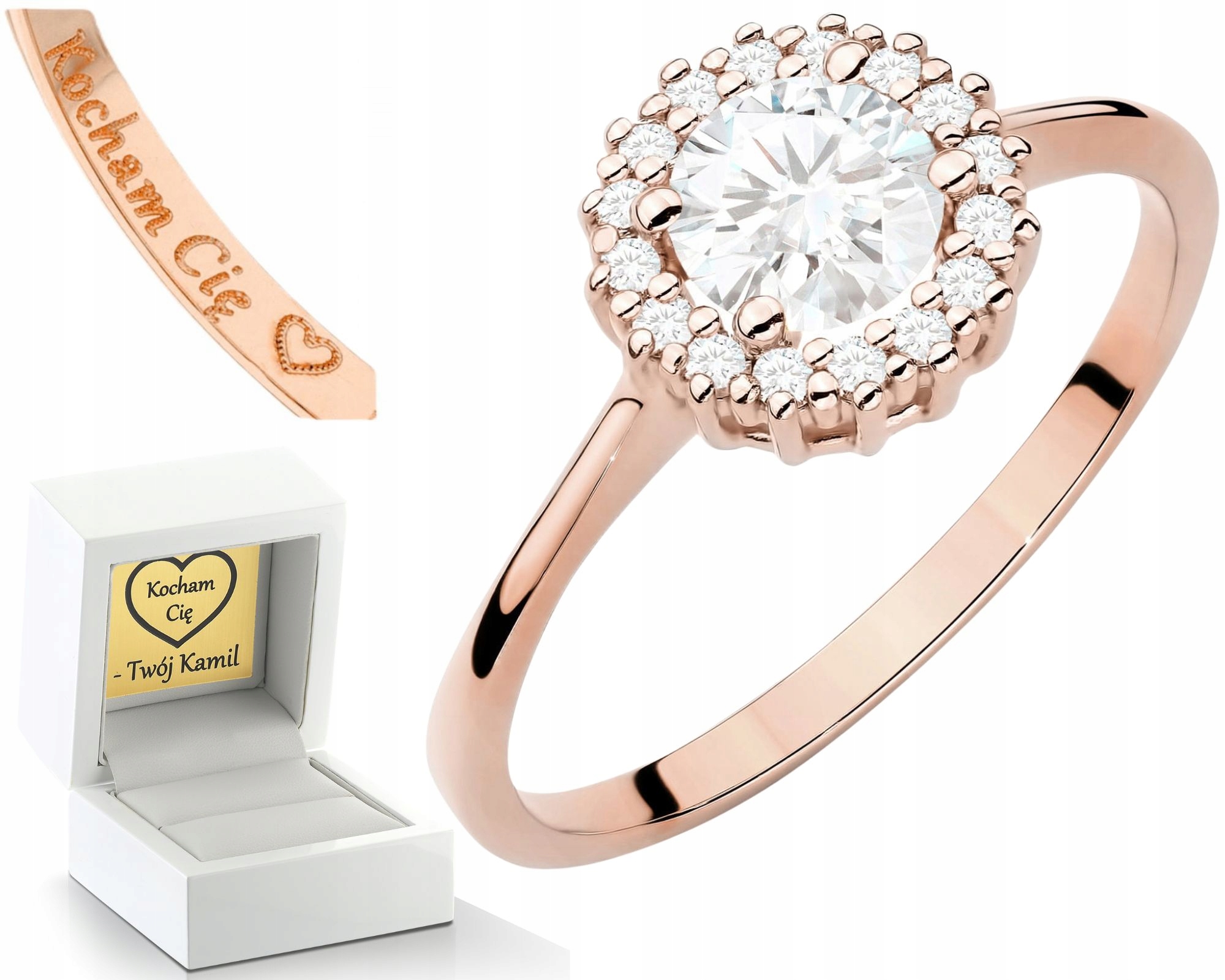 Růžové Zlato Prstýnek Bílý Briliantový Safír 585