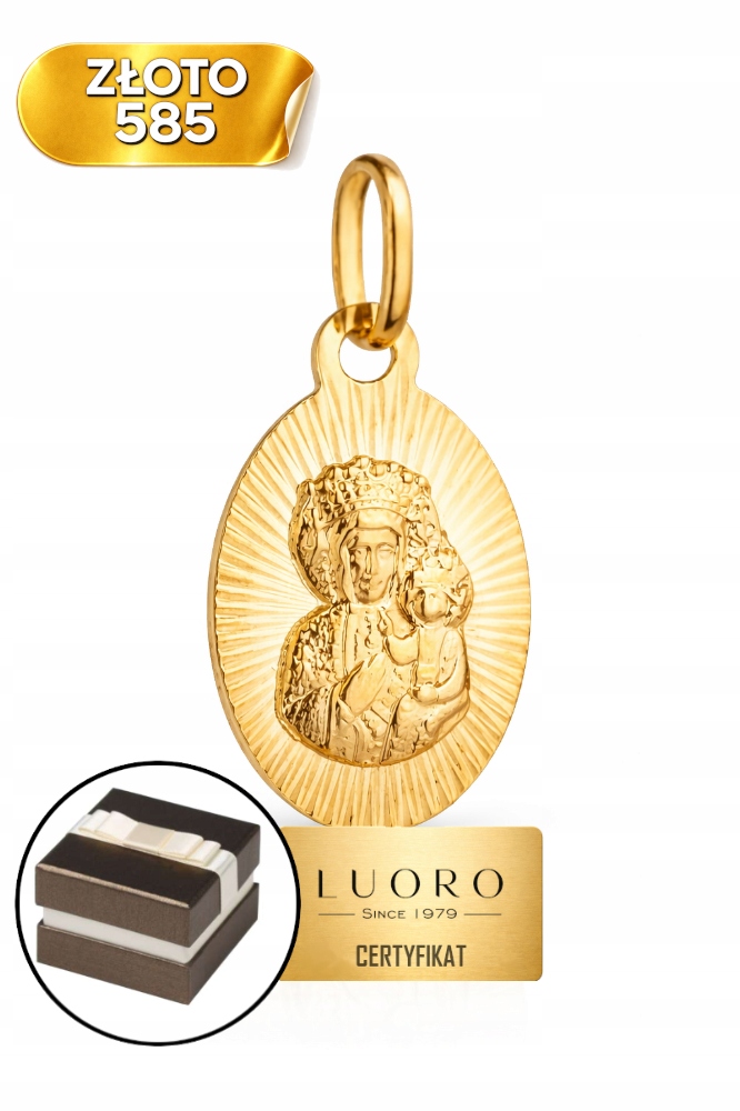 Zlatý Medailon 585 14K Panna Maria Čenstochovská Diamant 21 MM Elegantní