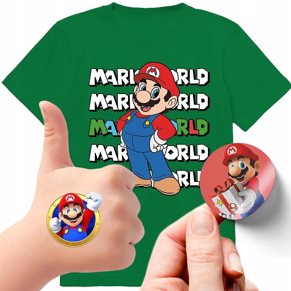 ZESTAW 3W1 KOSZULKA DLA DZIECI TATUAŻE NAKLEJKI SUPER MARIO BROS 152 JAKOŚĆ