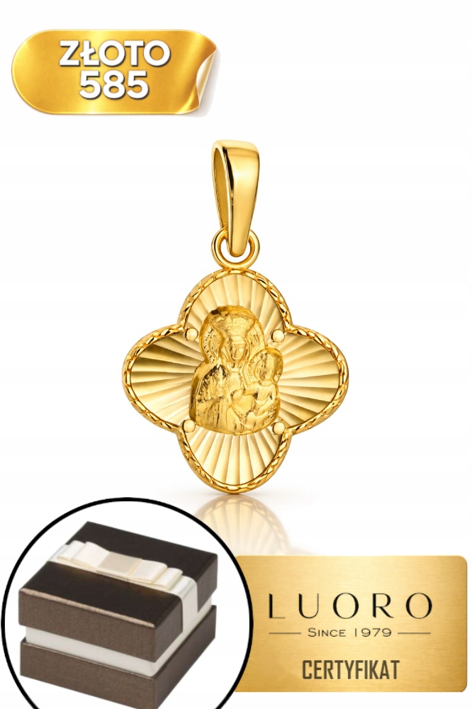 Zlatý Medailon 585 14K Panna Maria Čenstochovská Diamantová Jetel 20 M