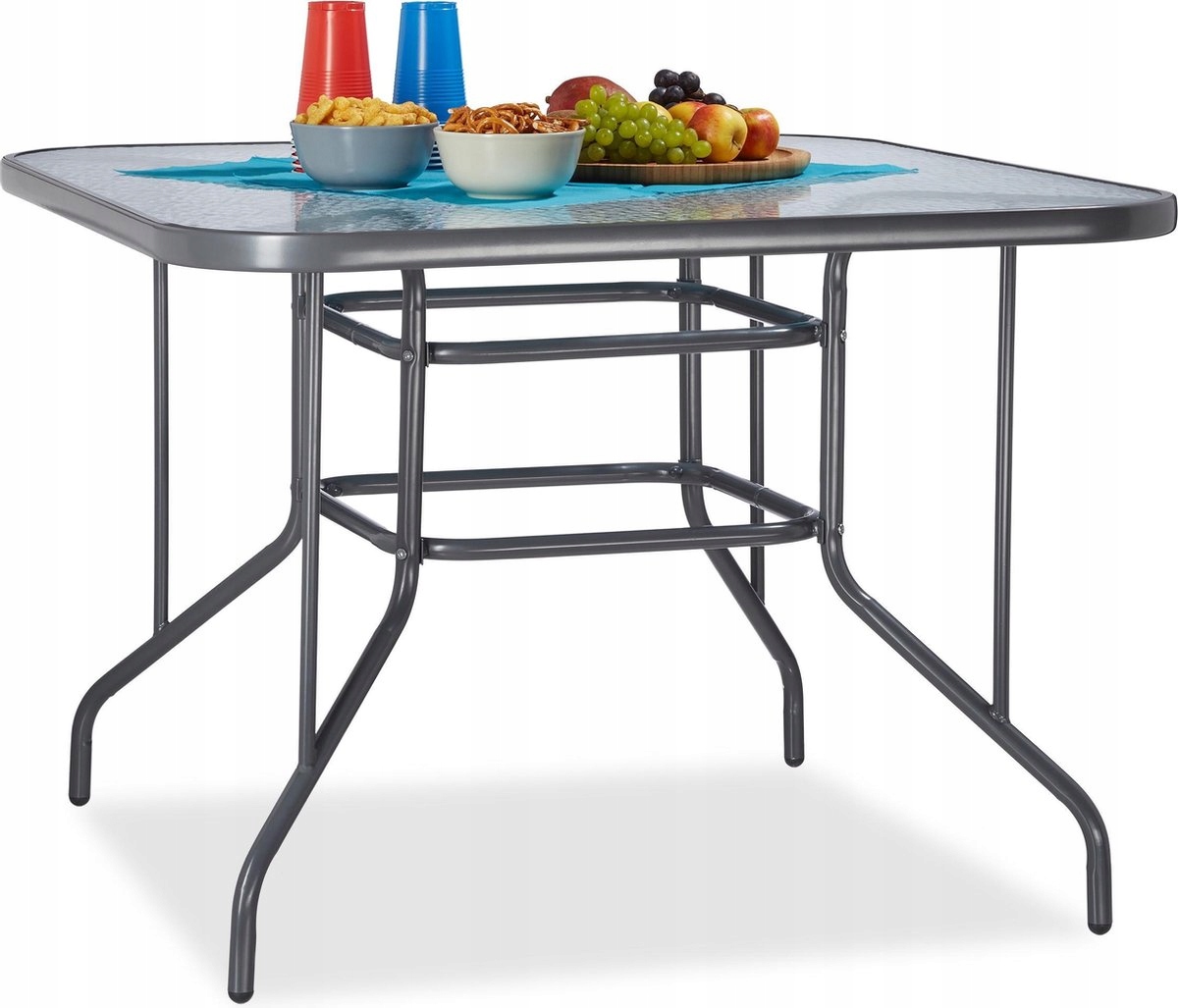 Relaxdays Sklenený záhradný stôl kovový sivý 100 cm x 100 cm štvorcový