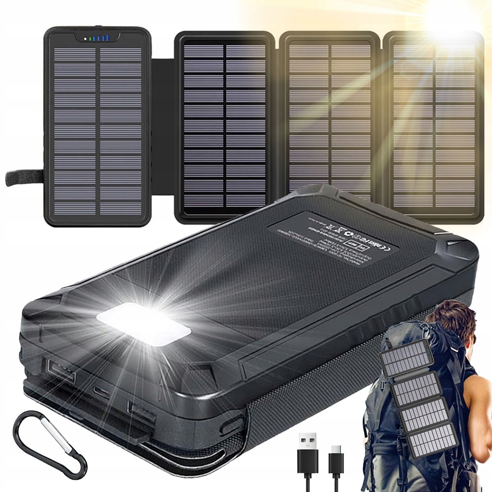Solární Powerbanka 26800MAH S Led 3 Porty 4 Solární Panely 10W Černá