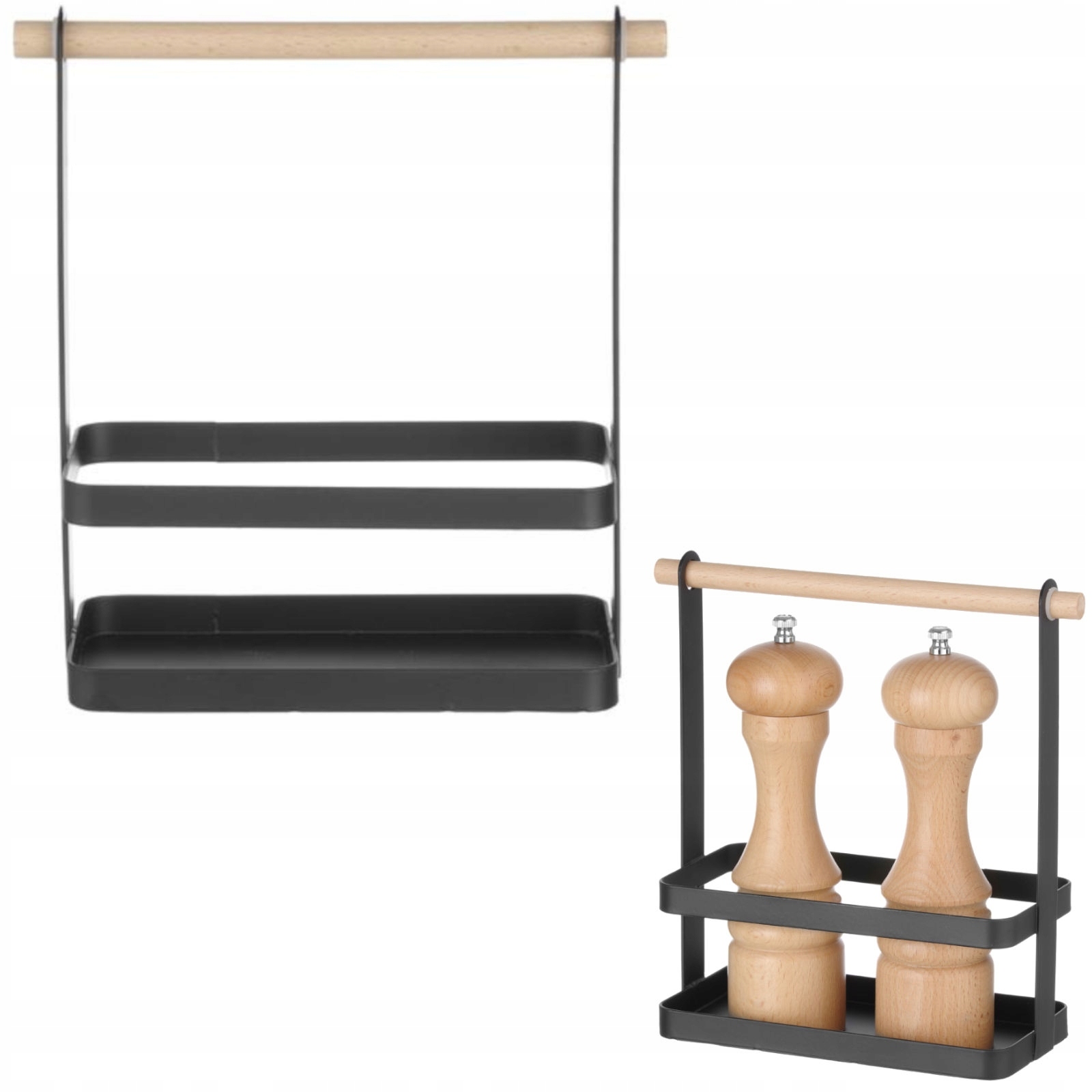 Organizér Stolní Košík Na Koření Černý Matný S Dřevěnou Rukojetí Hend