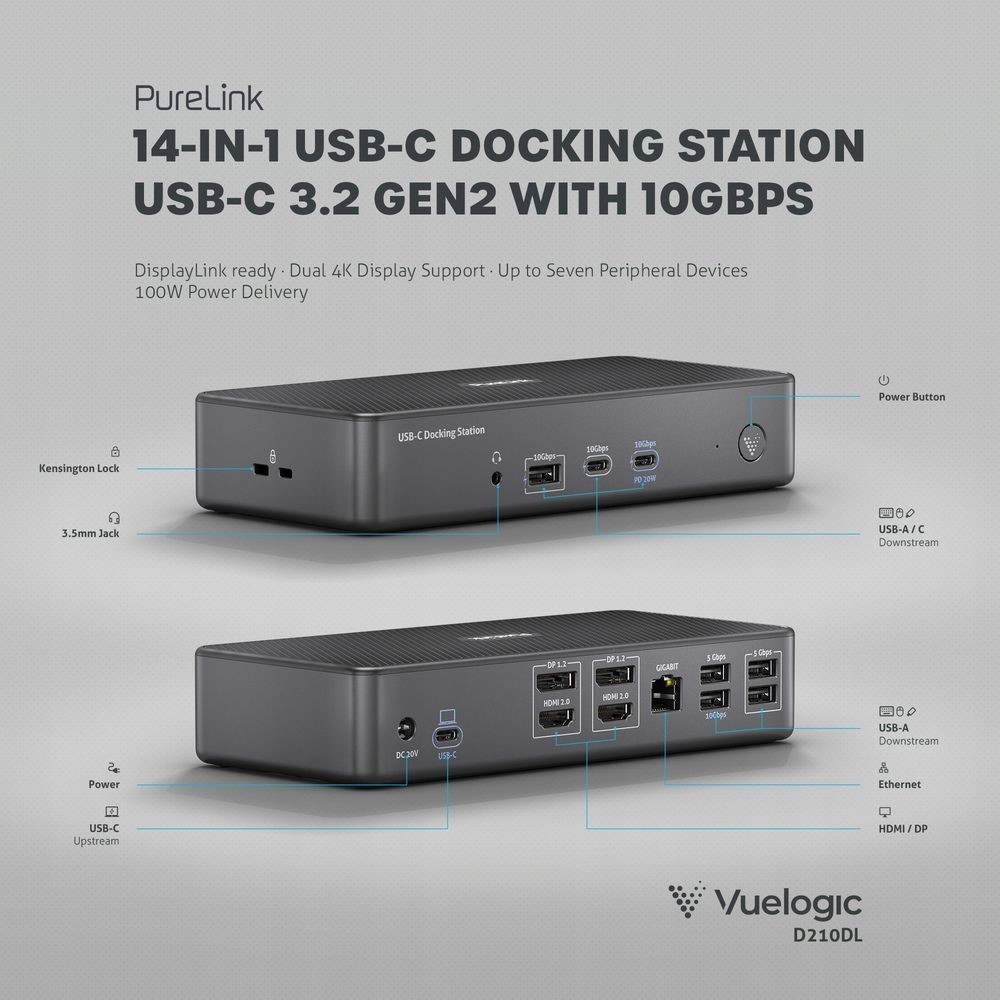 Vuelogic VL-D210DL stacja dokująca USB-C z technologią DisplayLink 14-in-1 Producent PureLink
