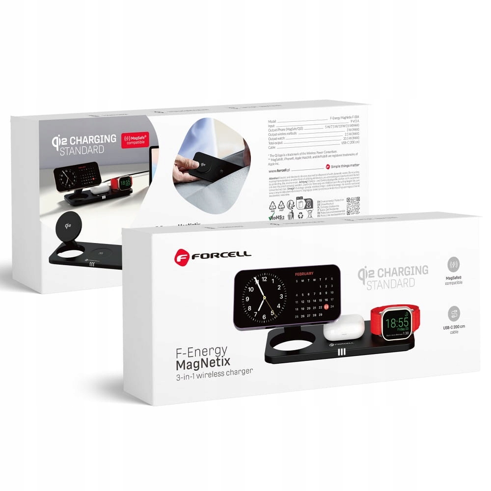 Indukční nabíječka 3v1 Forcell pro telefon, hodinky, sluchátka, Qi2 výkonná