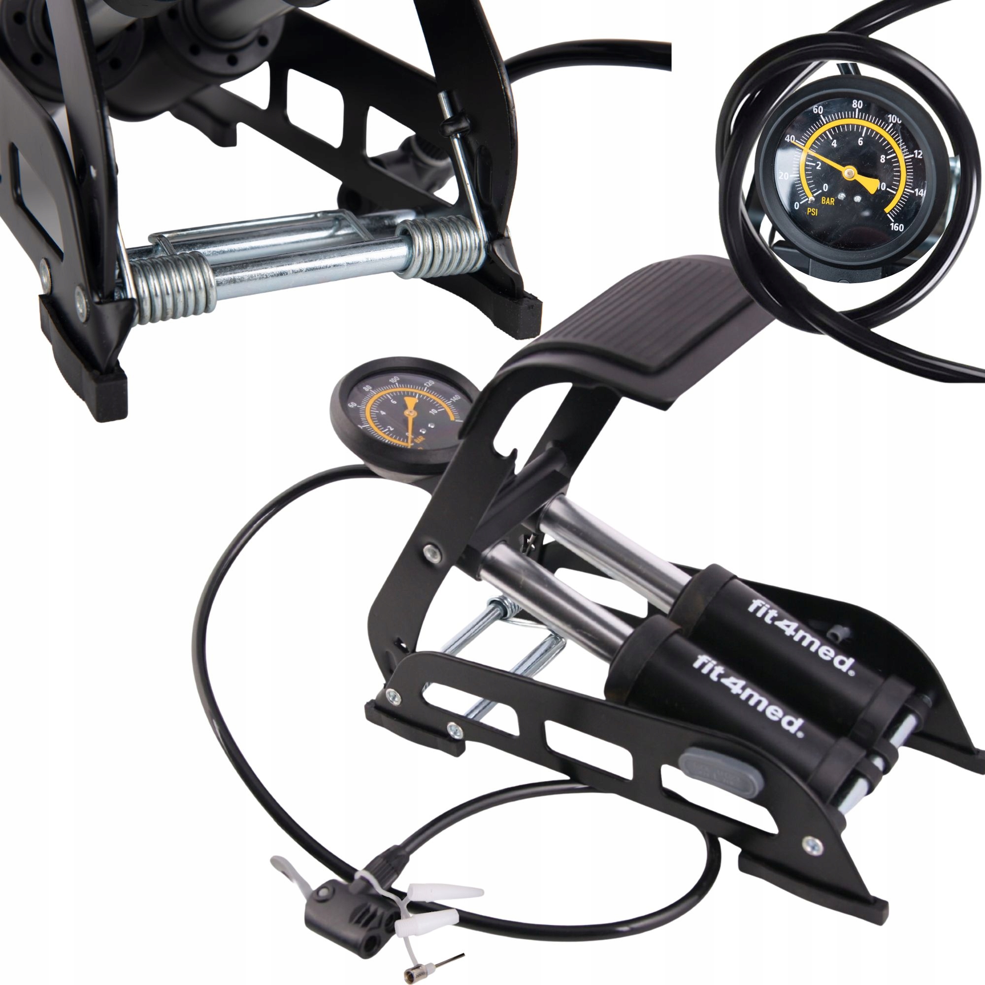 POMPKA NOŻNA DWUTŁOKOWA SAMOCHODOWA ROWEROWA MOCNA Z MANOMETREM 11BAR SOLID Marka Fit4Med