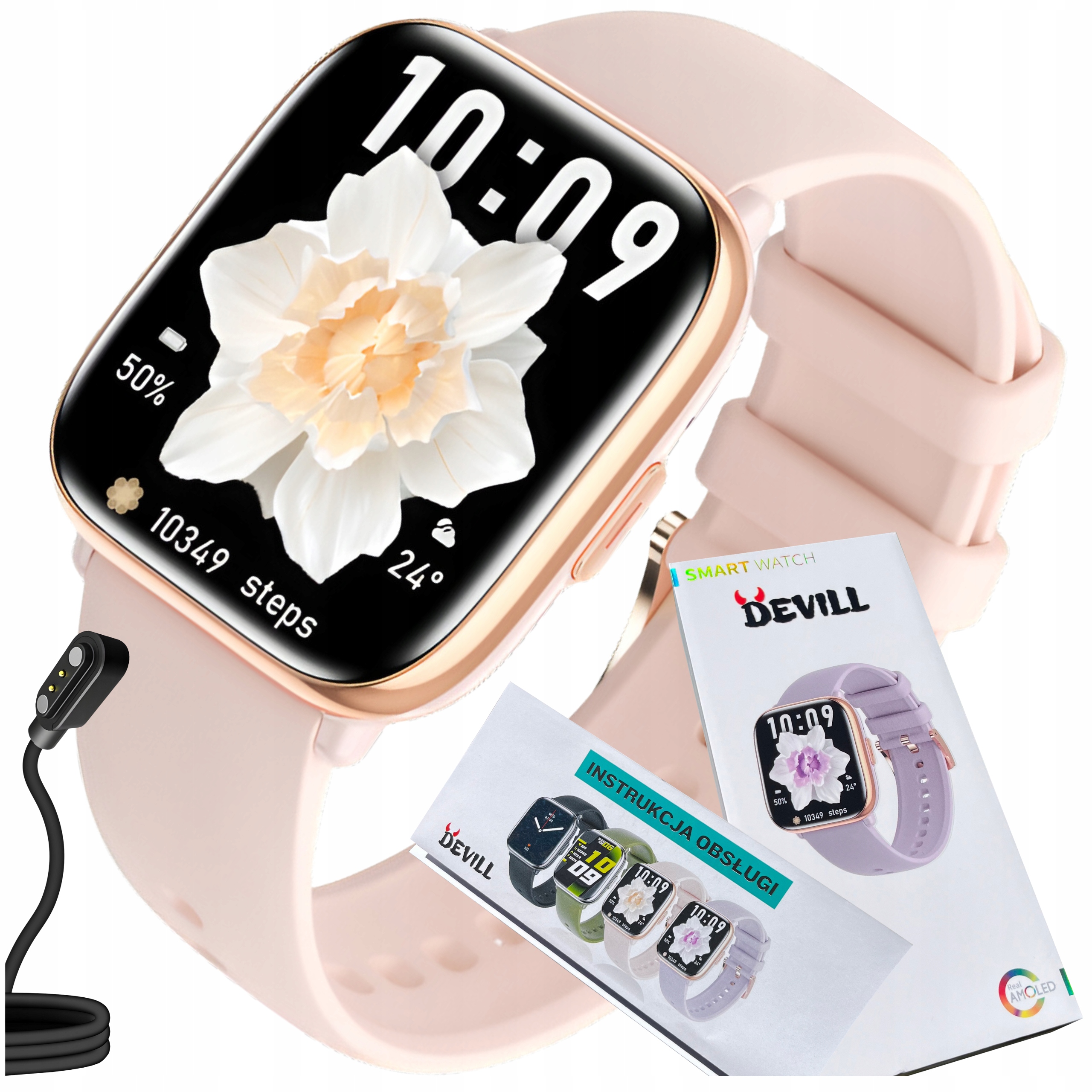 Smartwatch Damski Zegarek Rozmowy Amoled Polskie Menu Prostokątny Różowy