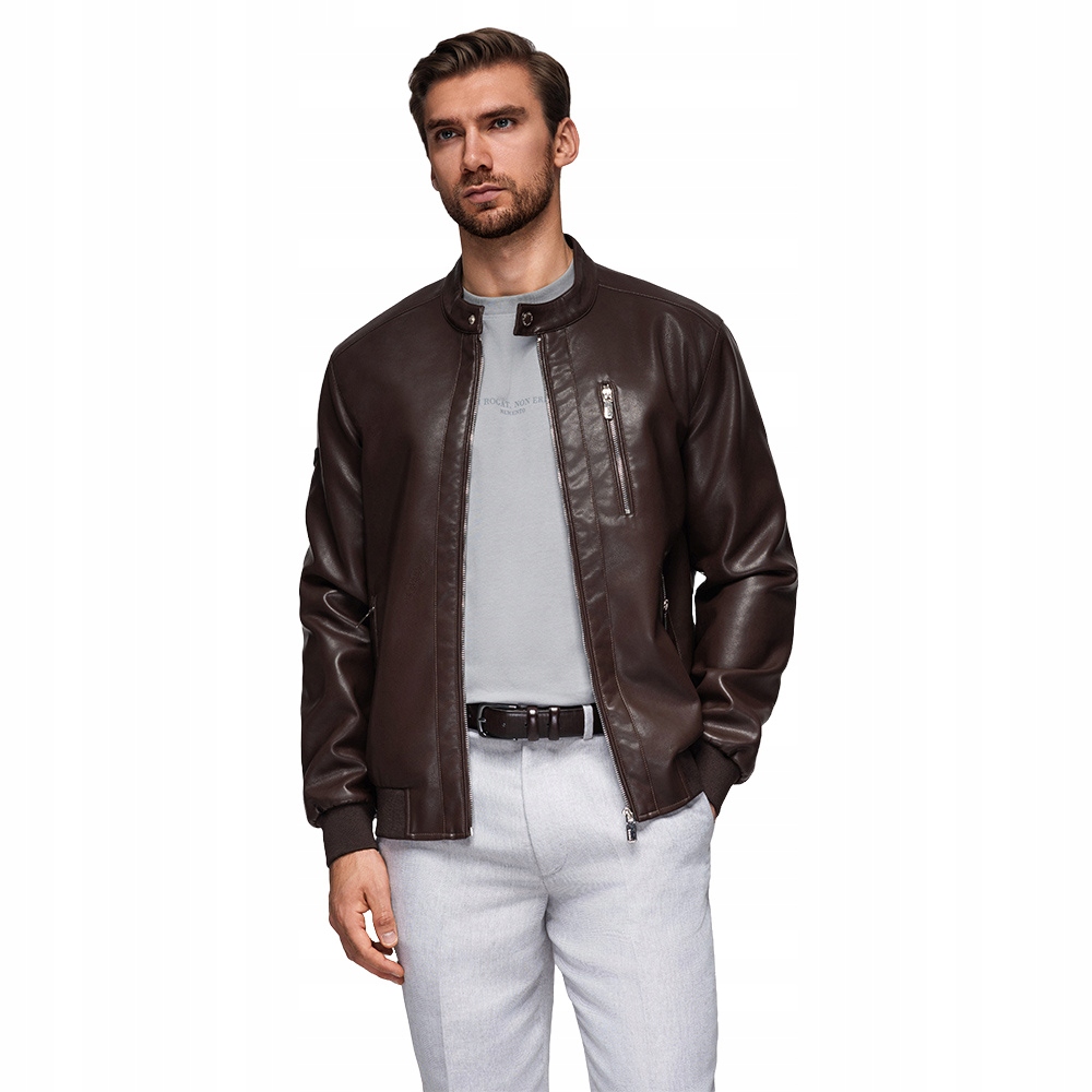 Pánská bunda z imitace kůže se stojáčkem tmavě hnědá V1 OM-JAFL-0109 XL