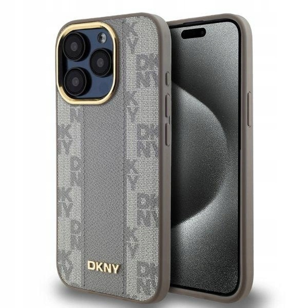 Etui Dkny Leather Checkered Mono Pattern MagSafe iPhone 15 Pro Max beżowe