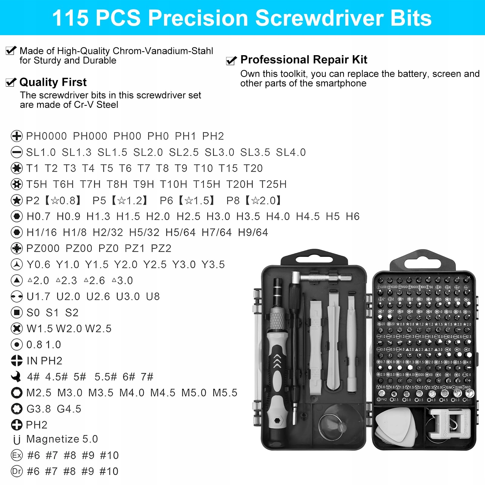 ZMDMAH Zestaw Wkrętaków Precyzyjnych 115w1 98 Bitów PC Laptop PS5 — miniatura 2