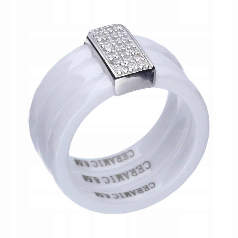 Stříbrný prstýnek 925 bílá keramika se zirkony, tři prvky r16, módní