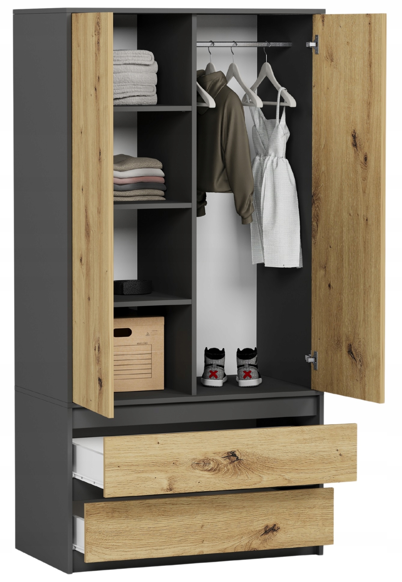 Szafa garderoba 90cm 2drzwi 2szuflad antracyt mix artisan B-9TIP