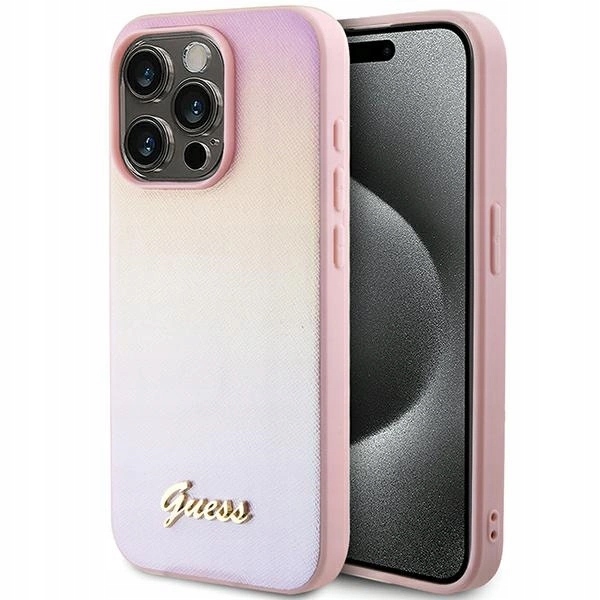 Pouzdro Guess Saffiano Iridescent Script case kryt pro iPhone 15 Pro Max růžové