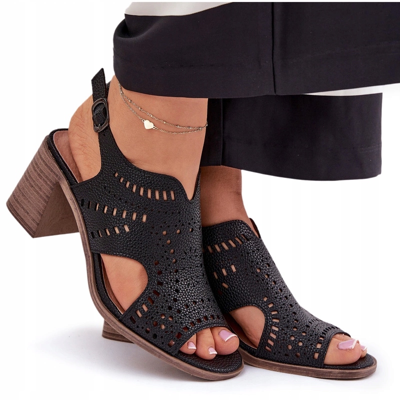 Dámské Sandály S Ažurovým Vzorem Na Podpatku Typu Sloupek, Černé, Velikost 37