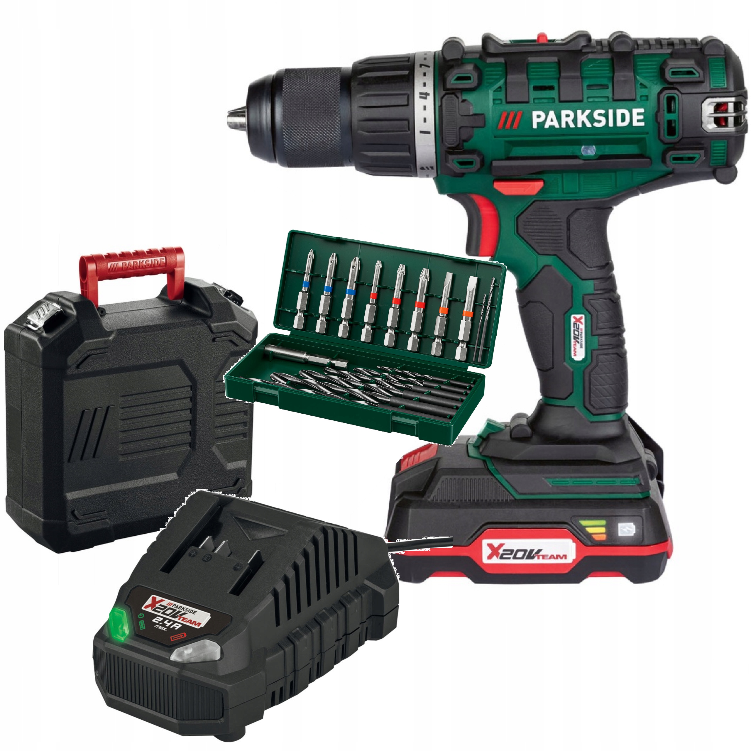 akumulátor Aku Šroubovák Parkside 2Ah 20 bitů 45Nm v pouzdře, nejnovější originál