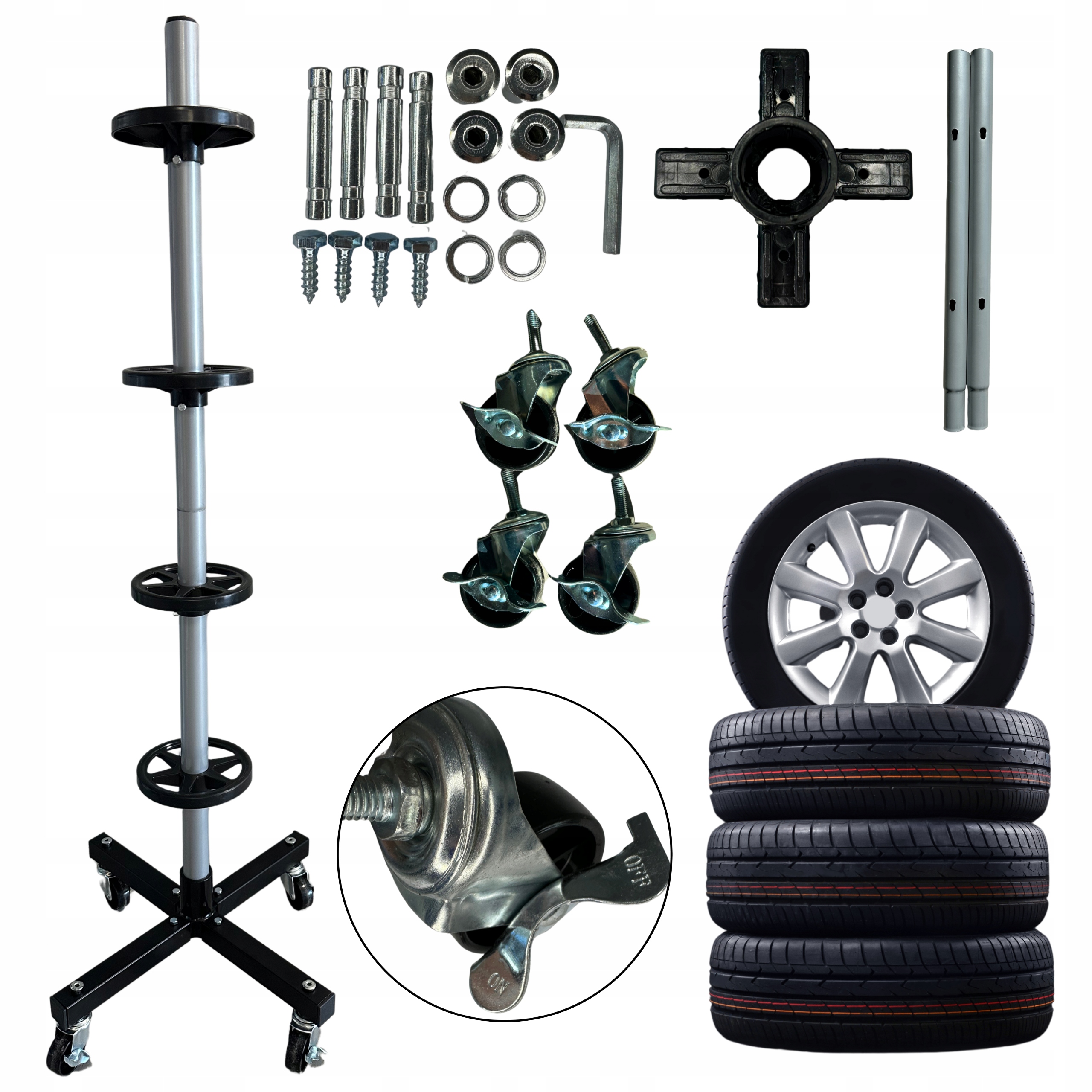 Stojan na kola, hliníkové ráfky, mobilní, pro kola pneumatik na kolečkách s aretací