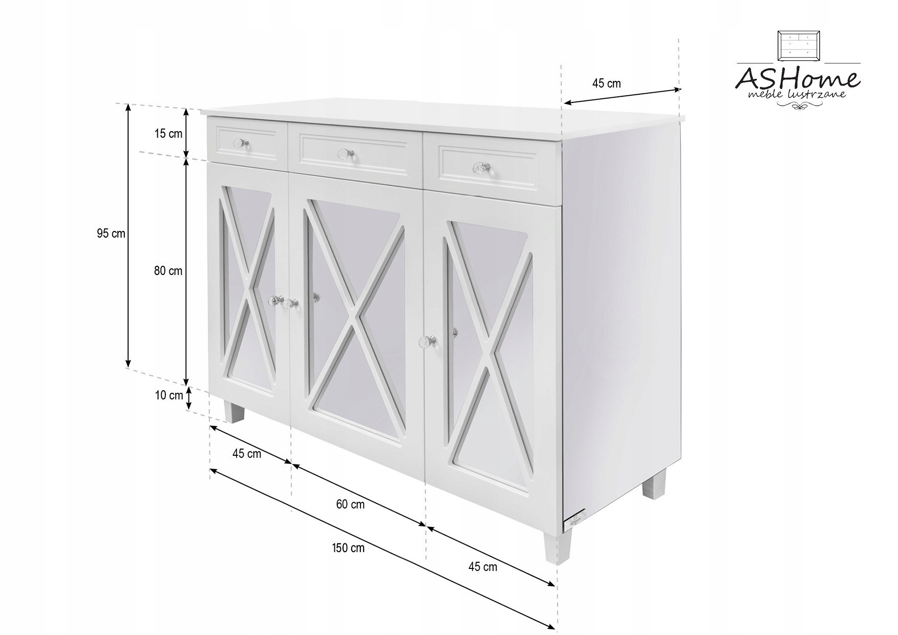 Kredens z drzwiczkami X i szufladami, mdf, biały Wysokość mebla 80 cm
