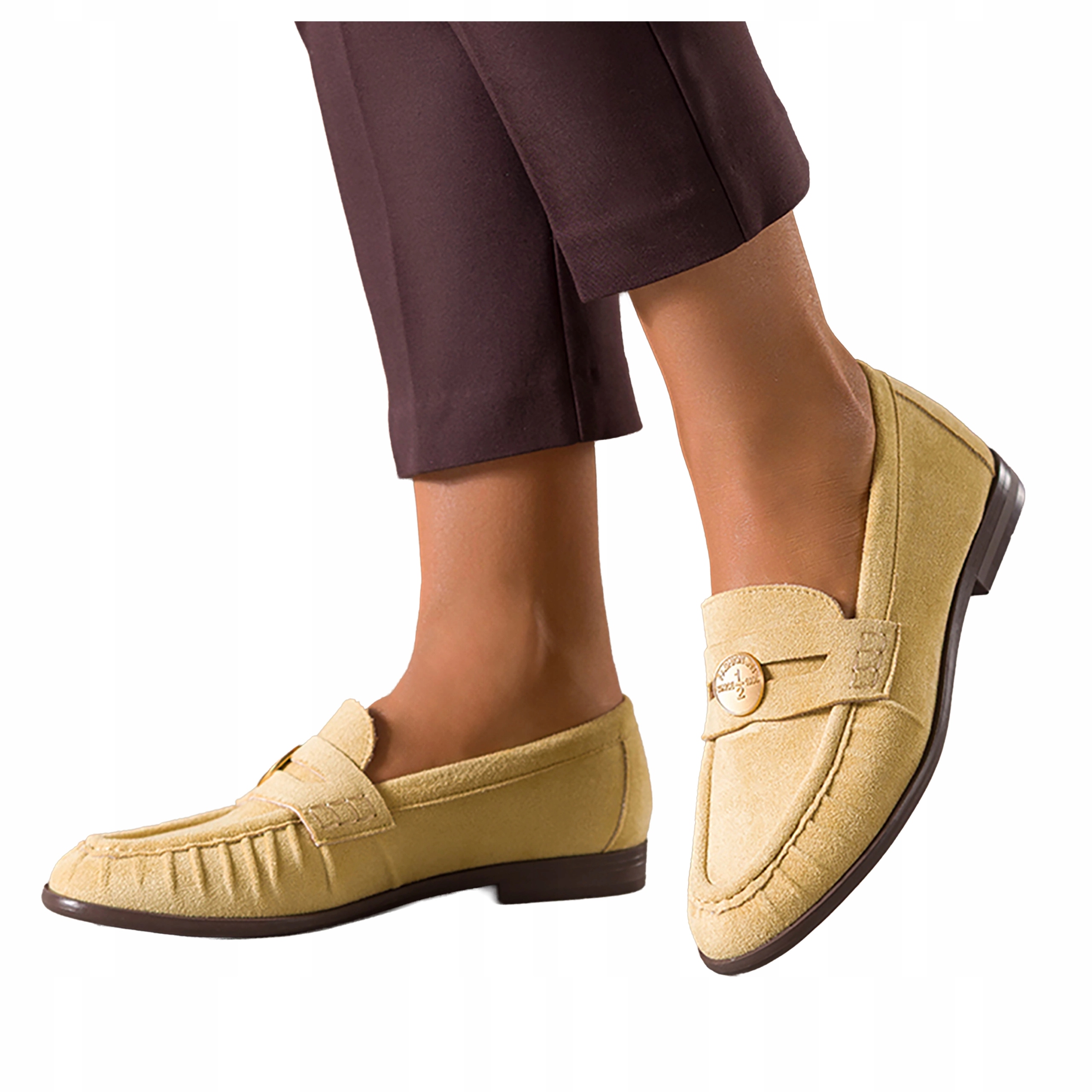 Mokasíny Žluté Dámské Ploché Se Zlatou Ozdobou Pohodlné Módní Semišové vel. 36