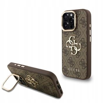 Guess Pu Metal Logo pouzdro stojánek pro iPhone 16 Pro bronzové pouzdro
