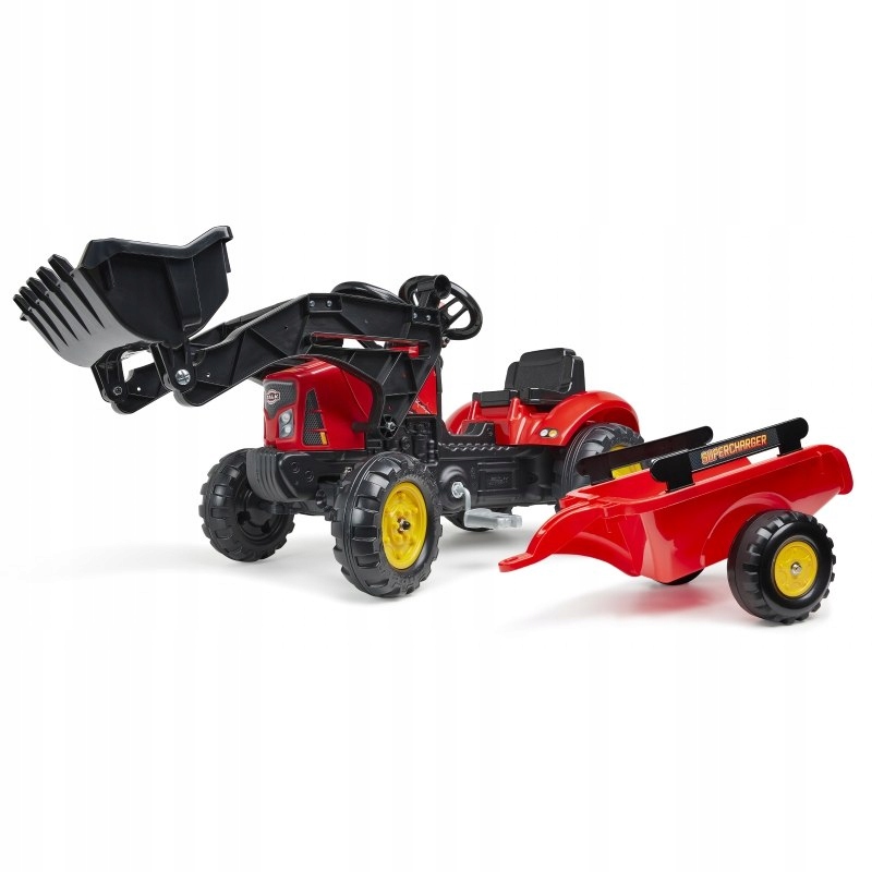 Traktorek Supercharger Czerwony Otwierana Maska z Przyczepką Łyżka Falk