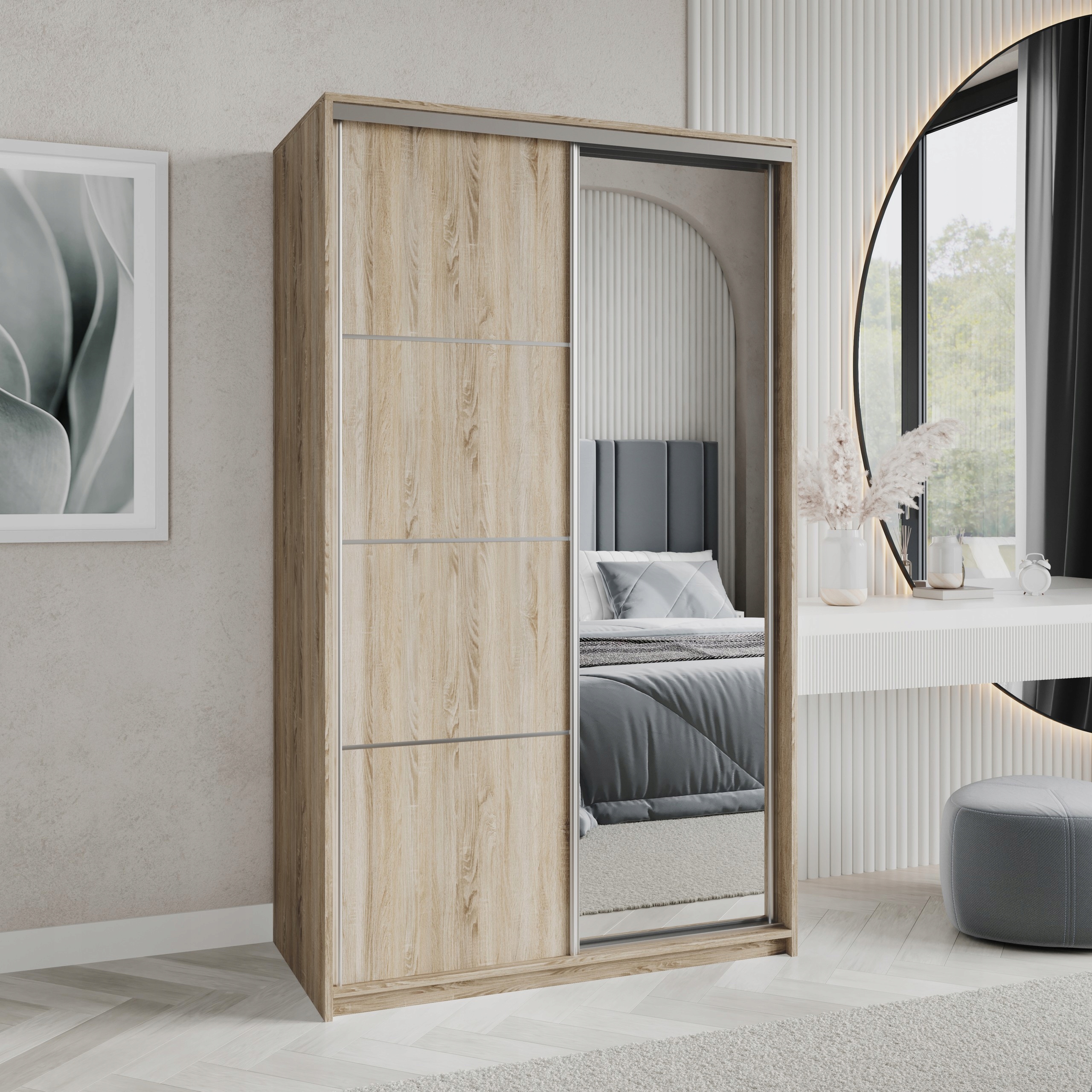 Skříň Posuvná dvoudveřová Varo 120 cm se zrcadlem Zásuvky Dub Sonoma+Satén