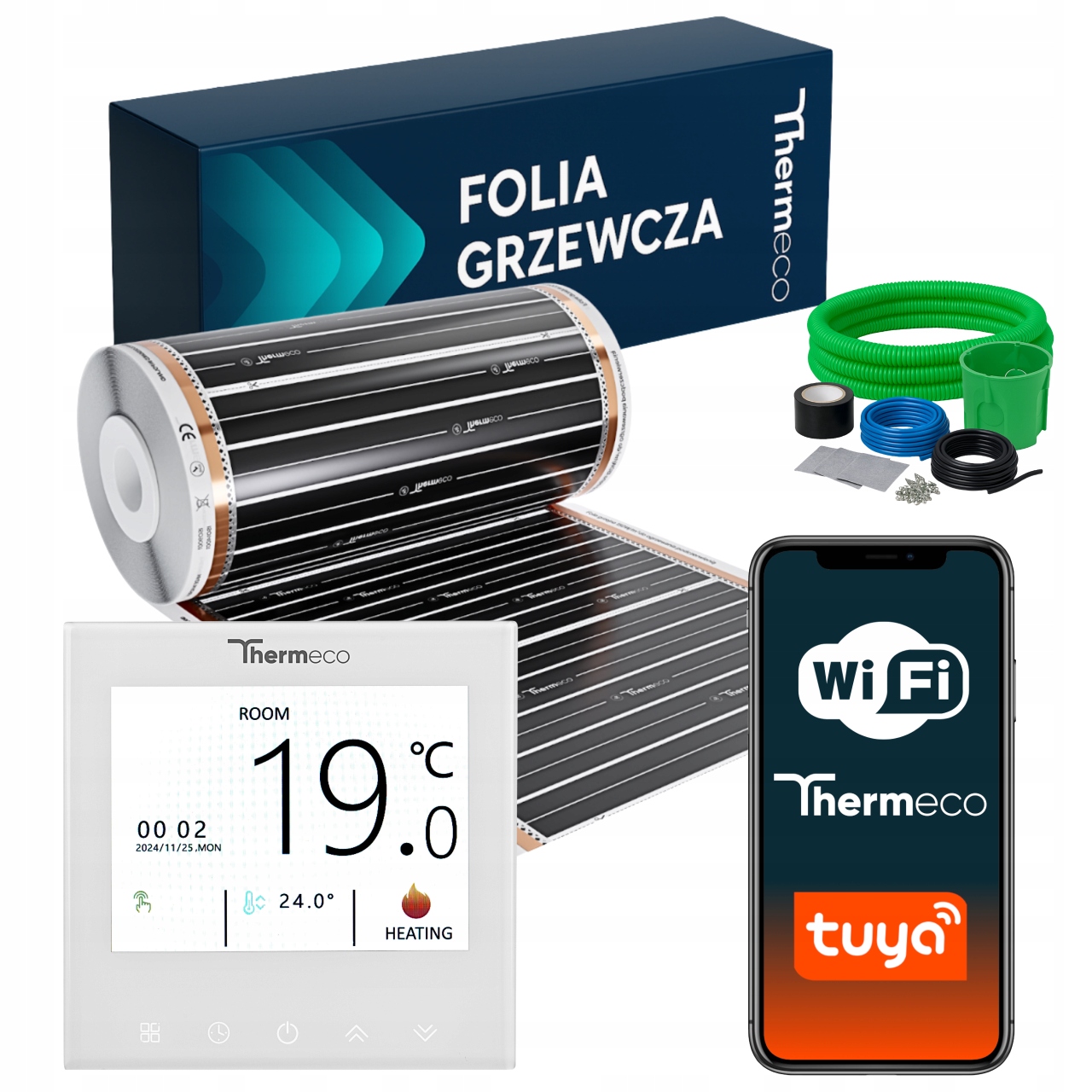 Folia grzewcza grzejna 150W/m² termostat WiFi zestaw Thermeco H21 18m²