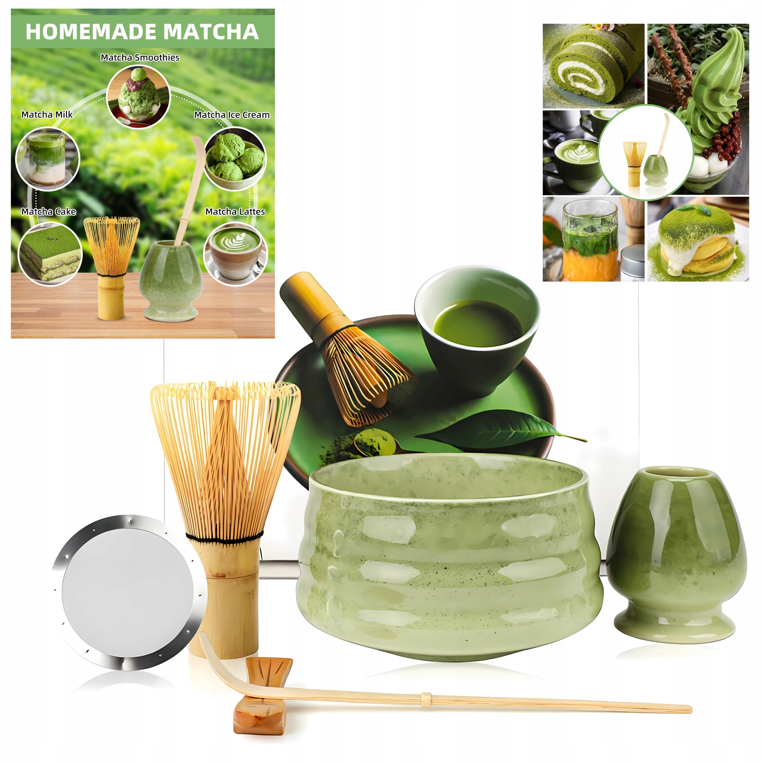 Levně Sada Na Čaj Matcha 5 Dílů Keramika Metla Sítko Mísa