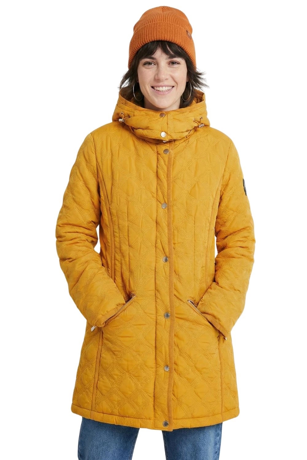 Dámská bunda Desigual parka s kapucí, zateplená, péřová, žlutá, dlouhá, velikost S