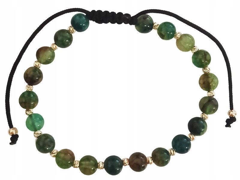 Zlatý provázkový náramek 585 s zlatými kuličkami, zelené korálky 14k