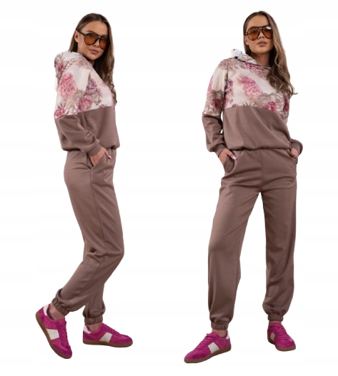 Dres damski komplet z kapturem kwiaty masełko beżowy L/XL