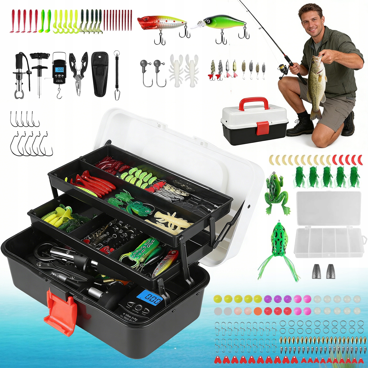 Skrzynka Wędkarska Pudełko Z 213 Akcesoriami Przynęty Haczyki Wagi Szczypce