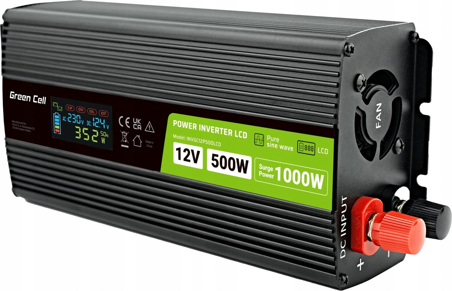 Menič napätia 12V 500W/1000W LCD čistá sínusoida