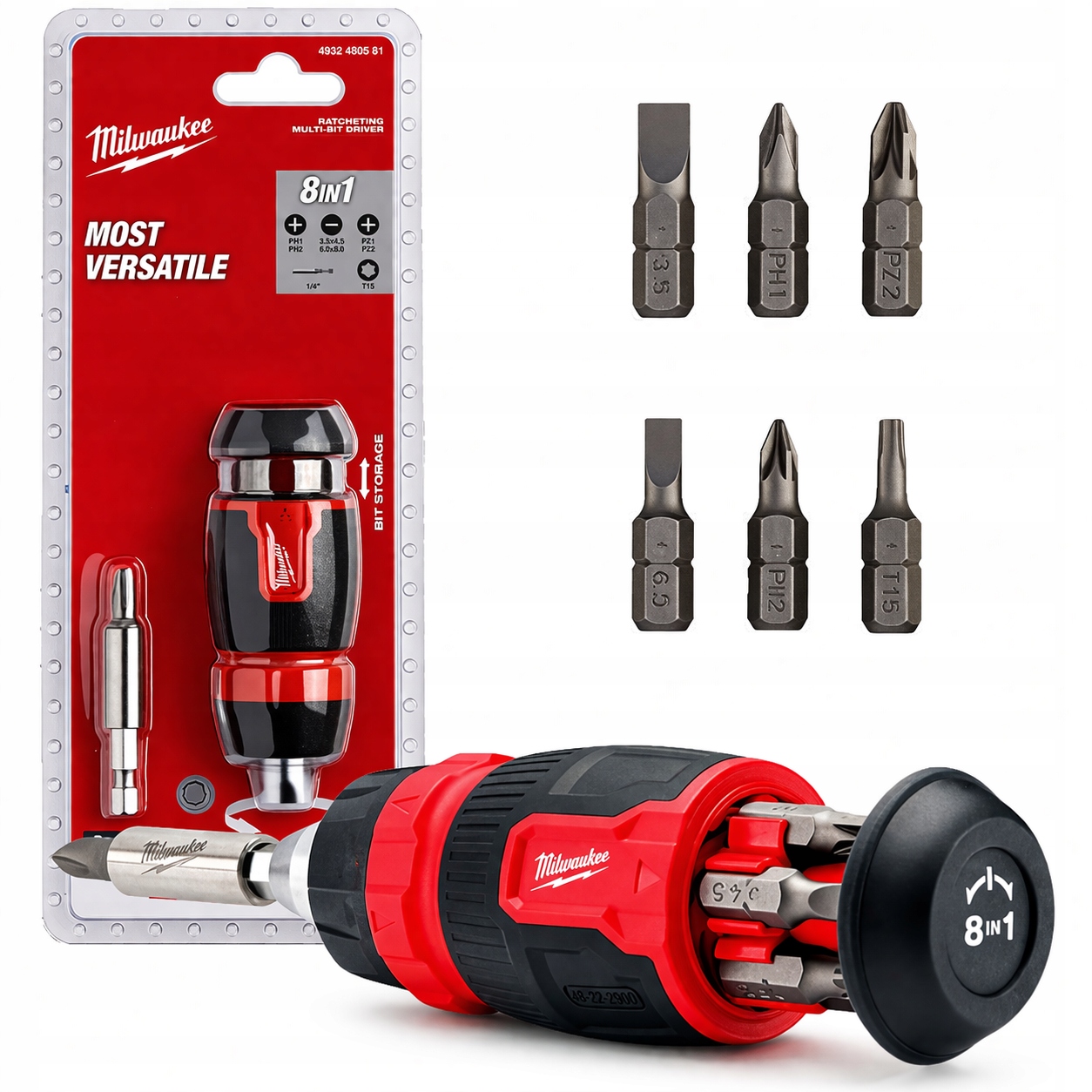 Milwaukee kompaktowy multiwkrętak z grzechotką 8w1 4932480581 zestaw bitow