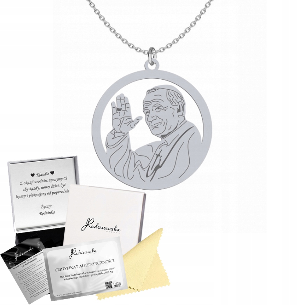Stříbrný náhrdelník Jan Pavel II Dárek 925 Řetízek Medailon Gravírování Bonus