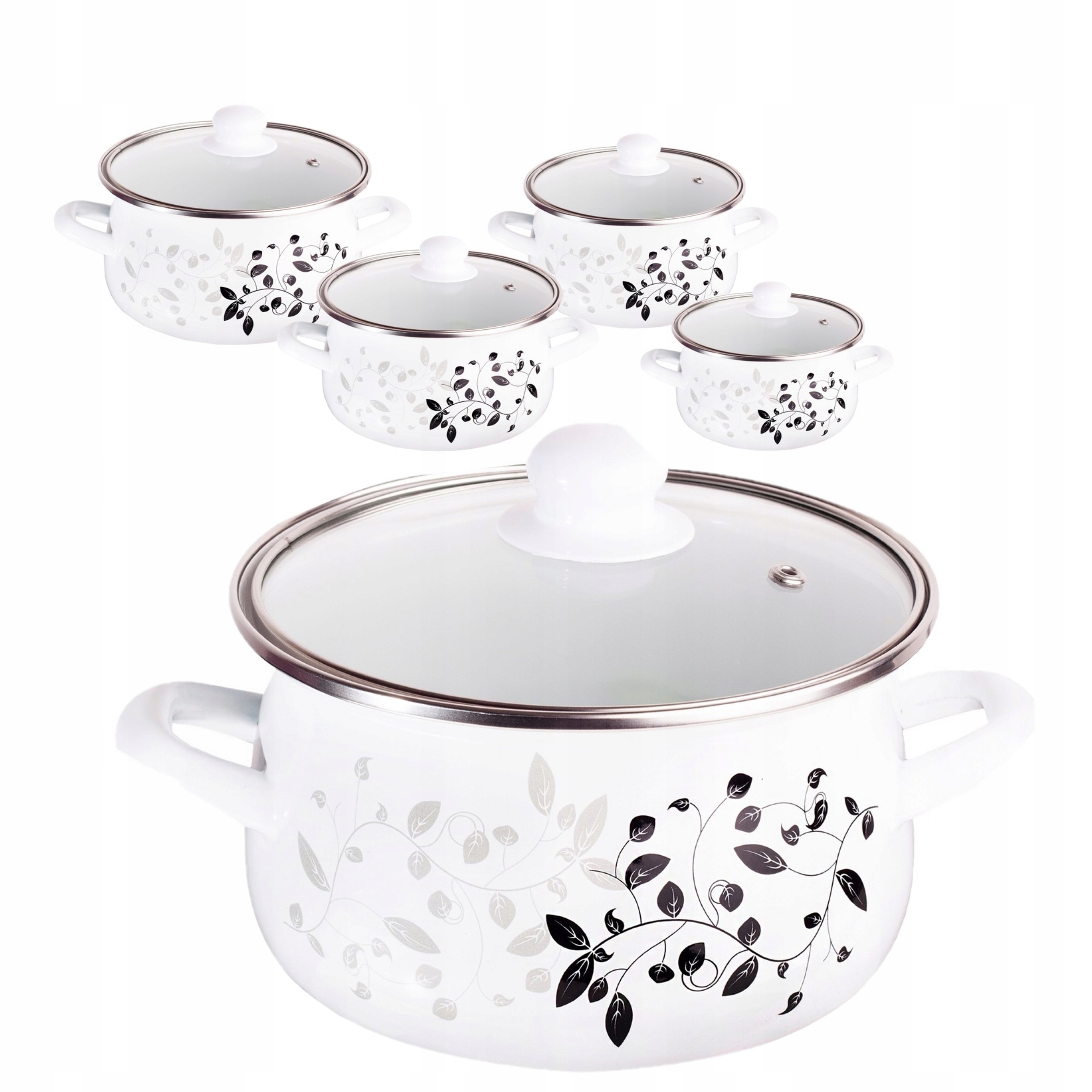 Smaltované hrnce Větvička – 8 dílů, skleněné poklice, indukce
