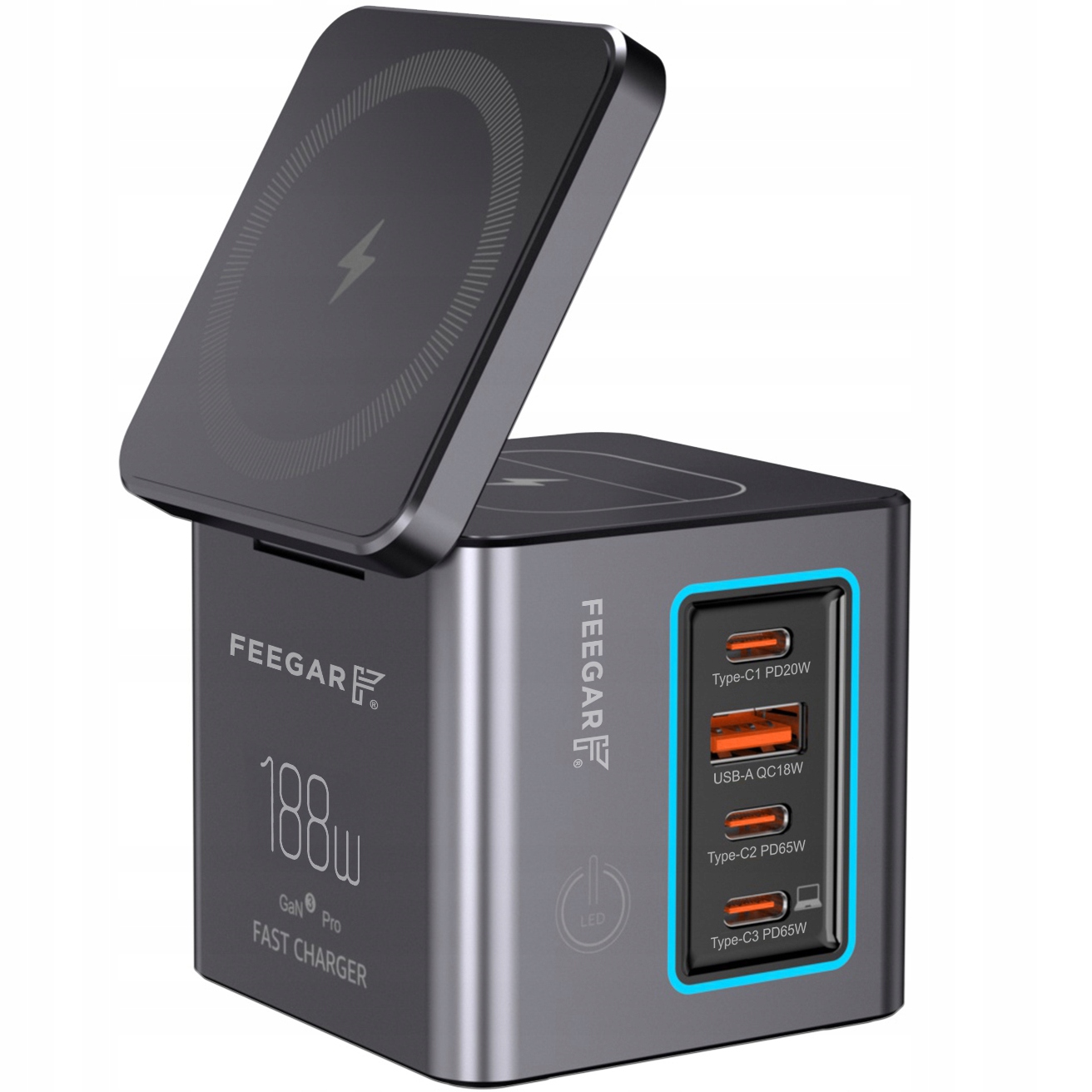 Síťová nabíječka Usb-c Feegar Kombo 188W GaN3 Typ-C Pd Qc 3.0 Indukční