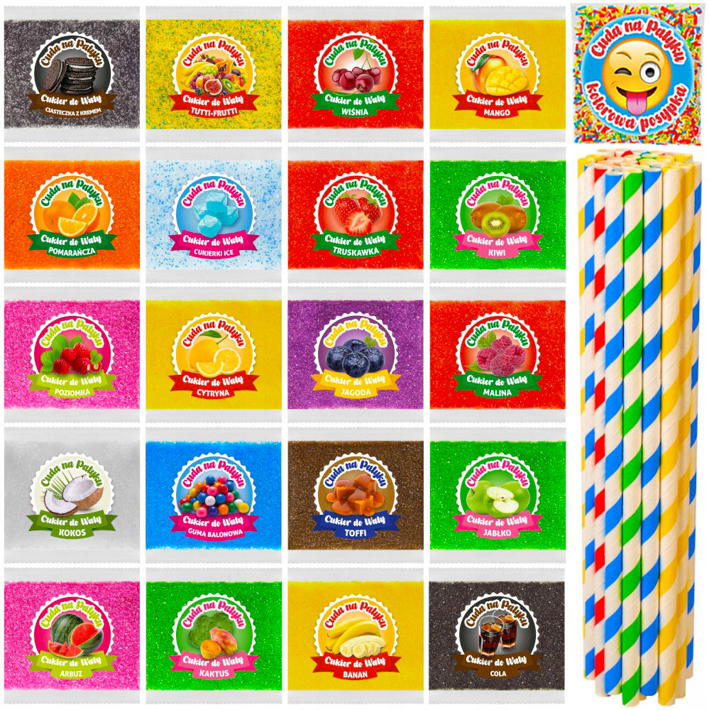 Cukier do Waty Cukrowej KOLOROWY do Maszyny Smakowy PATYCZKI ZESTAW 20x100g