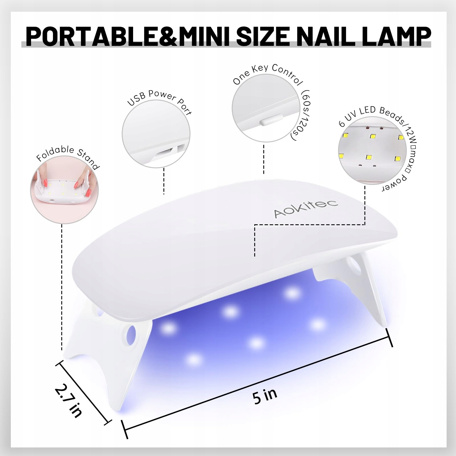 Aokitec Mini lampa UV LED do paznokci Biała na USB — miniatura 6