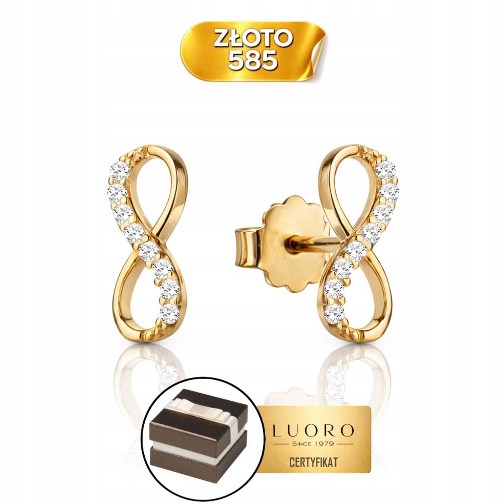 Náušnice Zlaté 585 14K Nekonečno S Šestí Zirkonů 8 MM Dárek