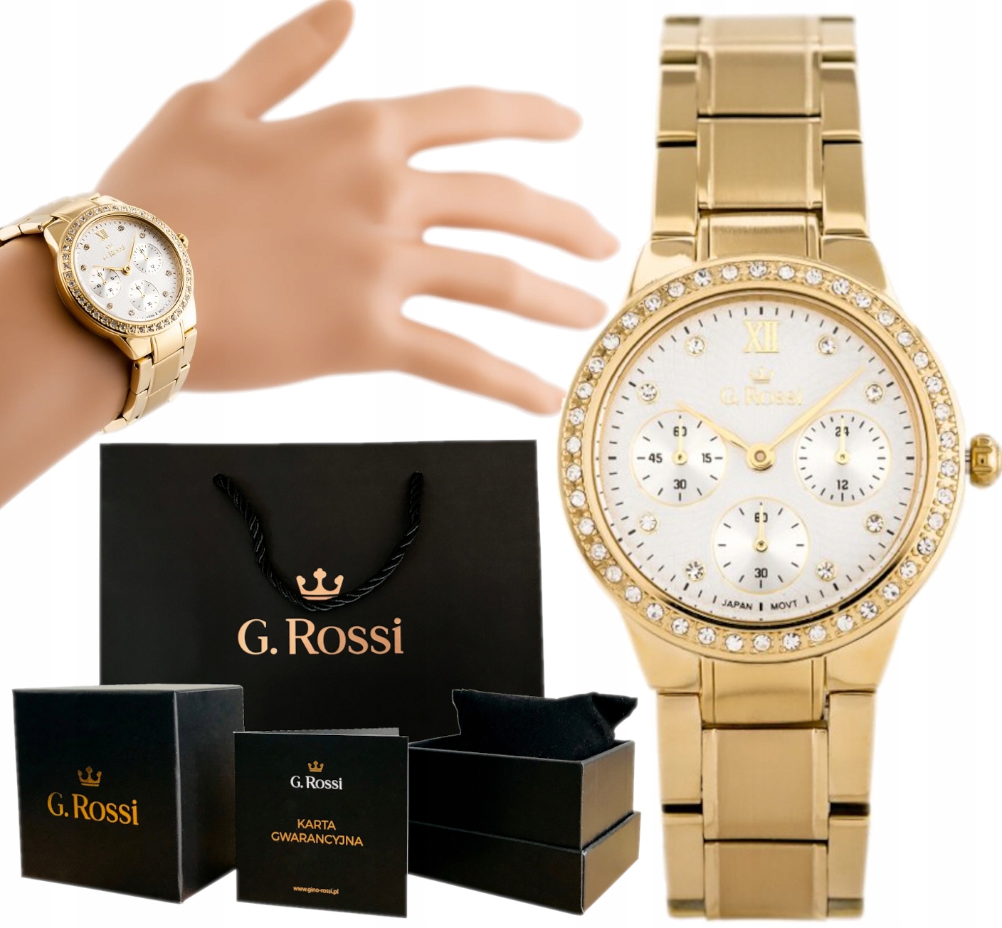 

Kwarcowy Zegarek Damski G. Rossi Cyrkonie + Box