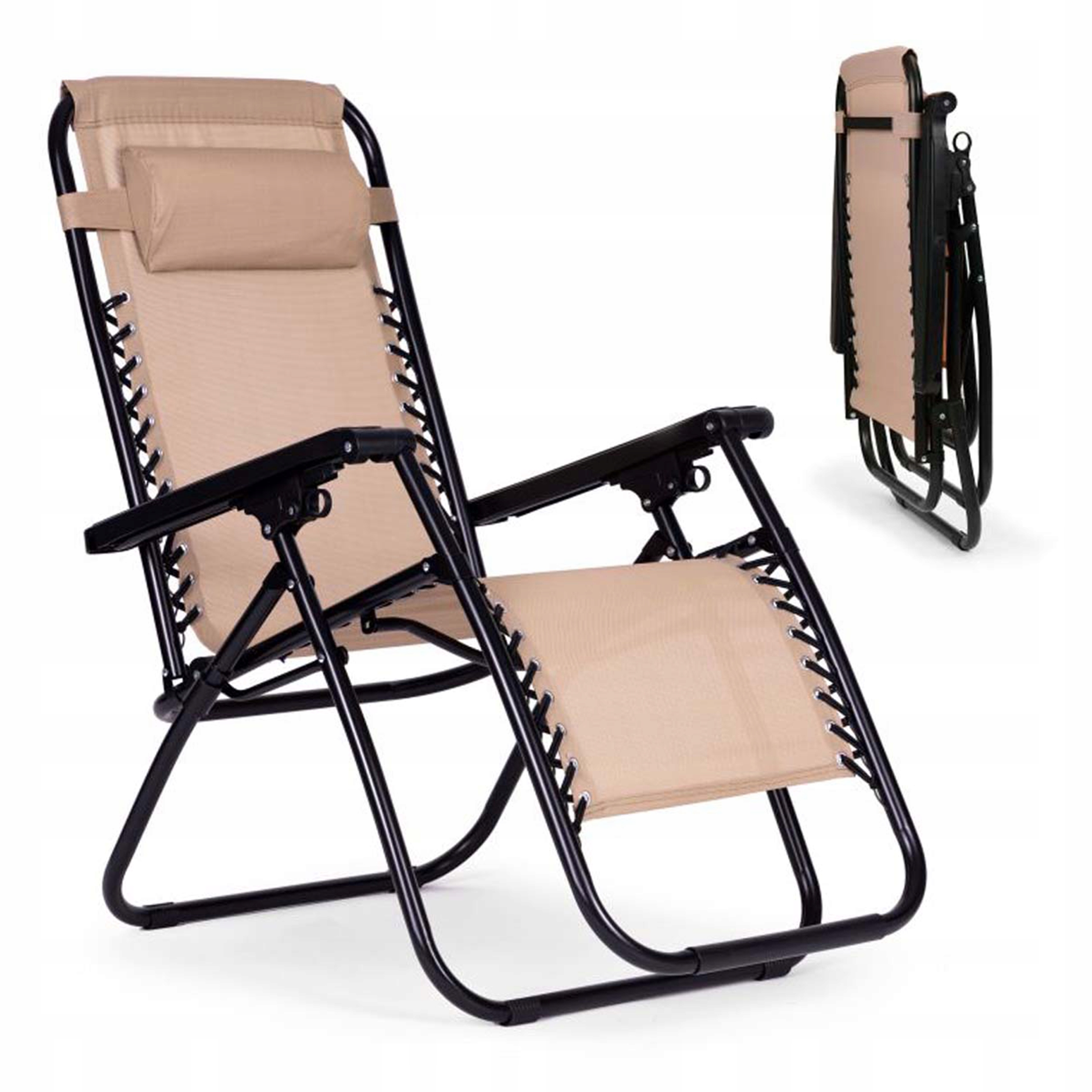 Leżak Plażowy Fotel Ogrodowy Regulowane Oparcie Zero Gravity Beżowy