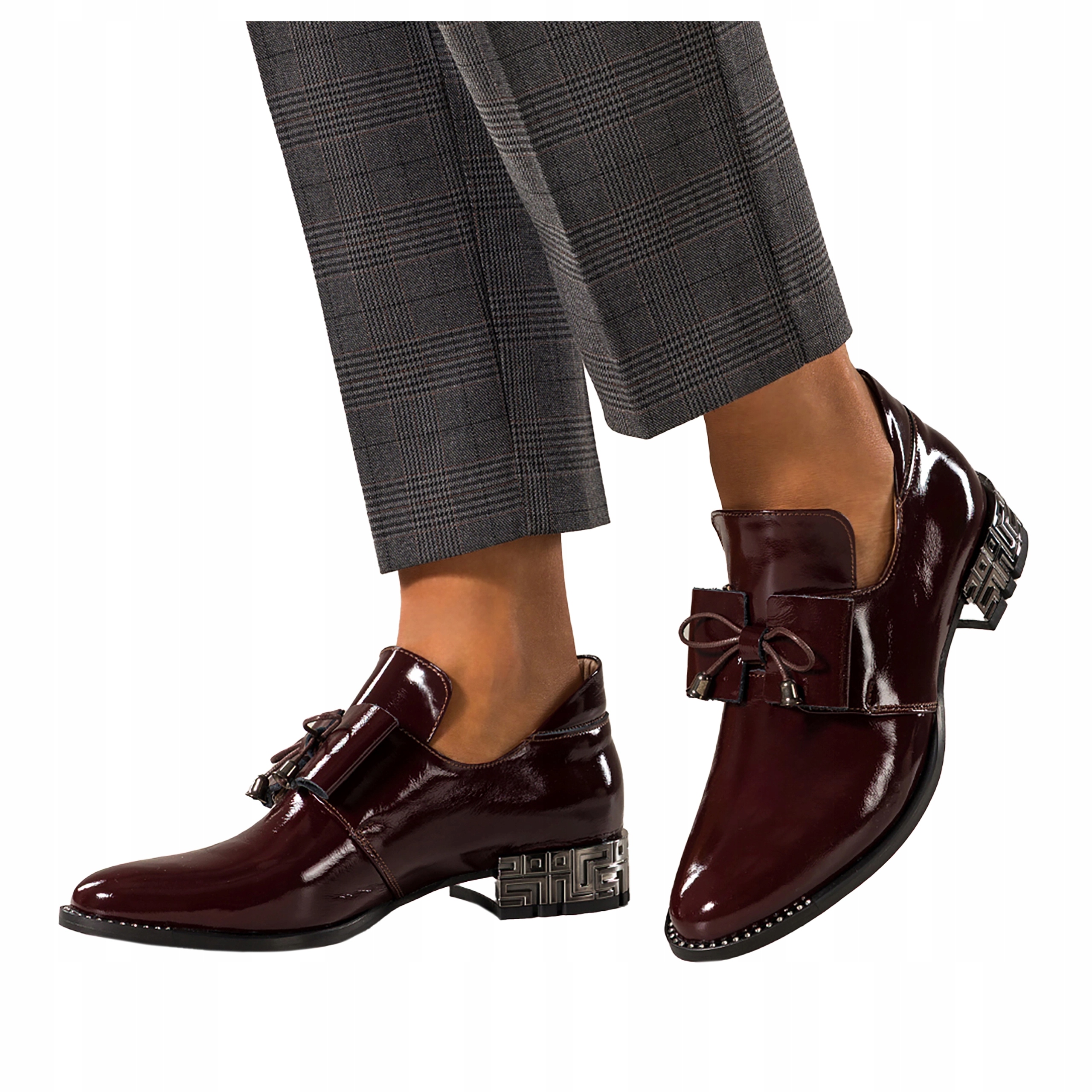 Dámské kožené polobotky Bordové, lakované, Pohodlné s mašličkou, Modne, velikost 37