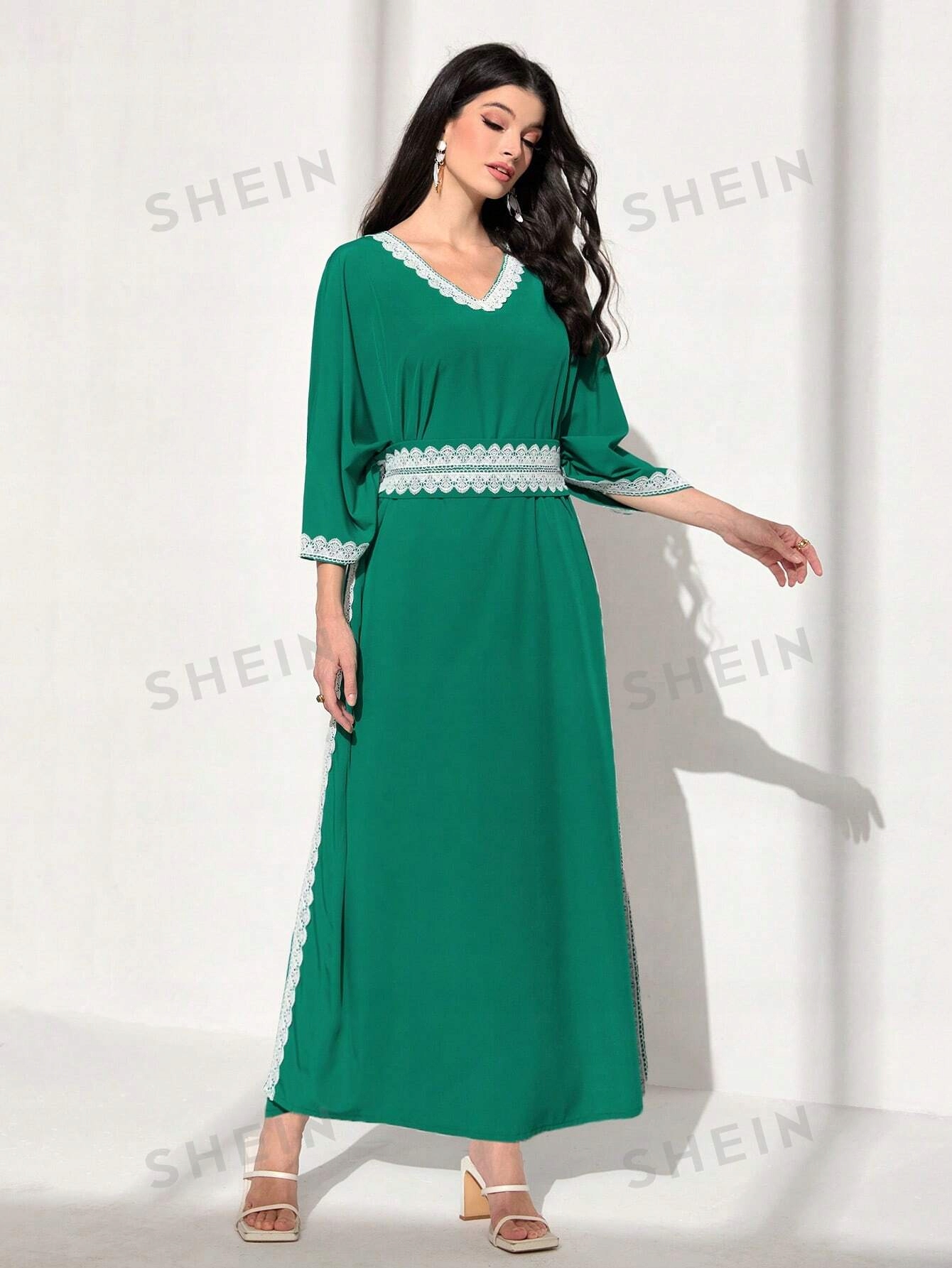 Šaty Tunika V Arabském Stylu S Gipiurovou Krajkou Maxi Elegantní Shein