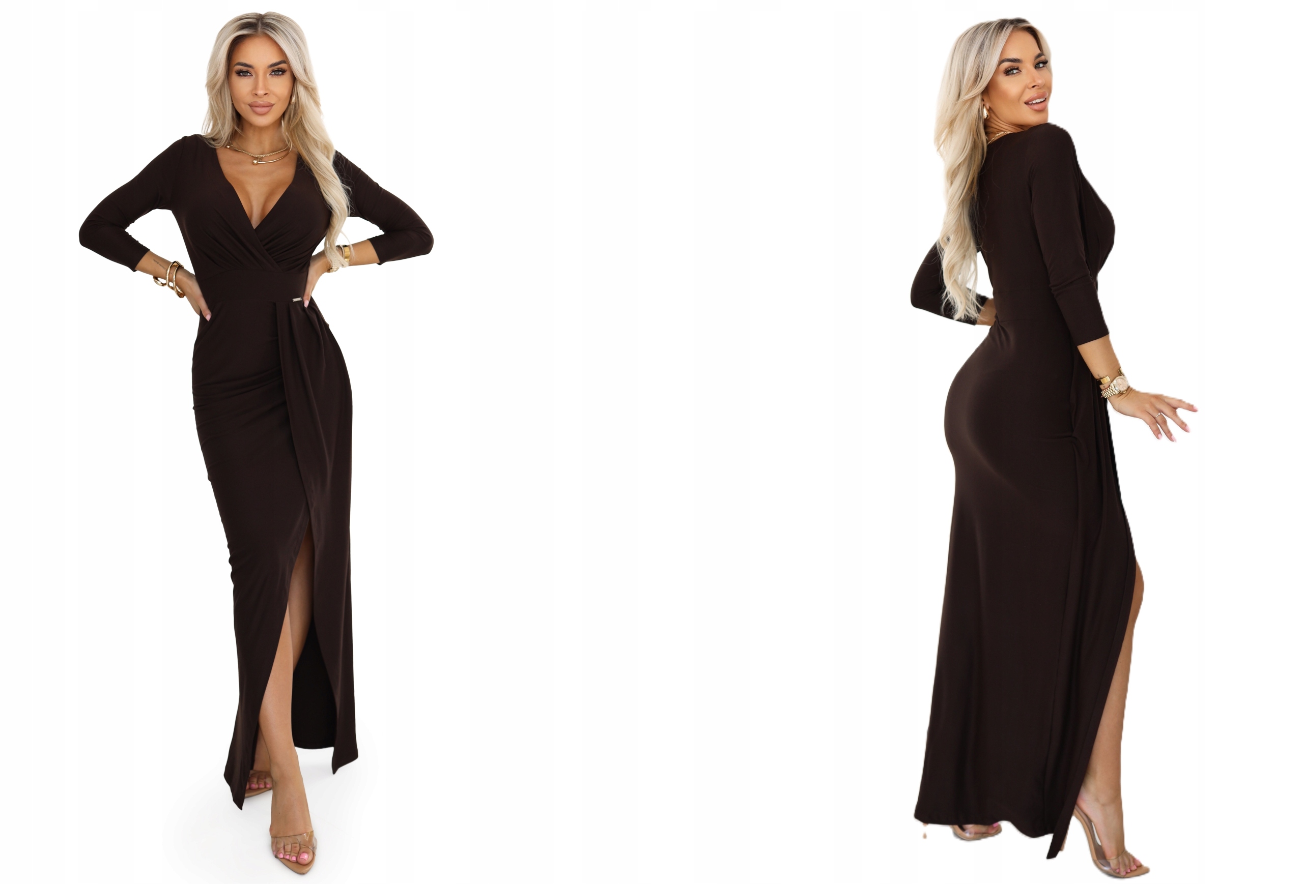 Přiléhavé Šaty S Zavinovacím Výstřihem A Velkým Rozparkem, Čokoládové, Velikost XL